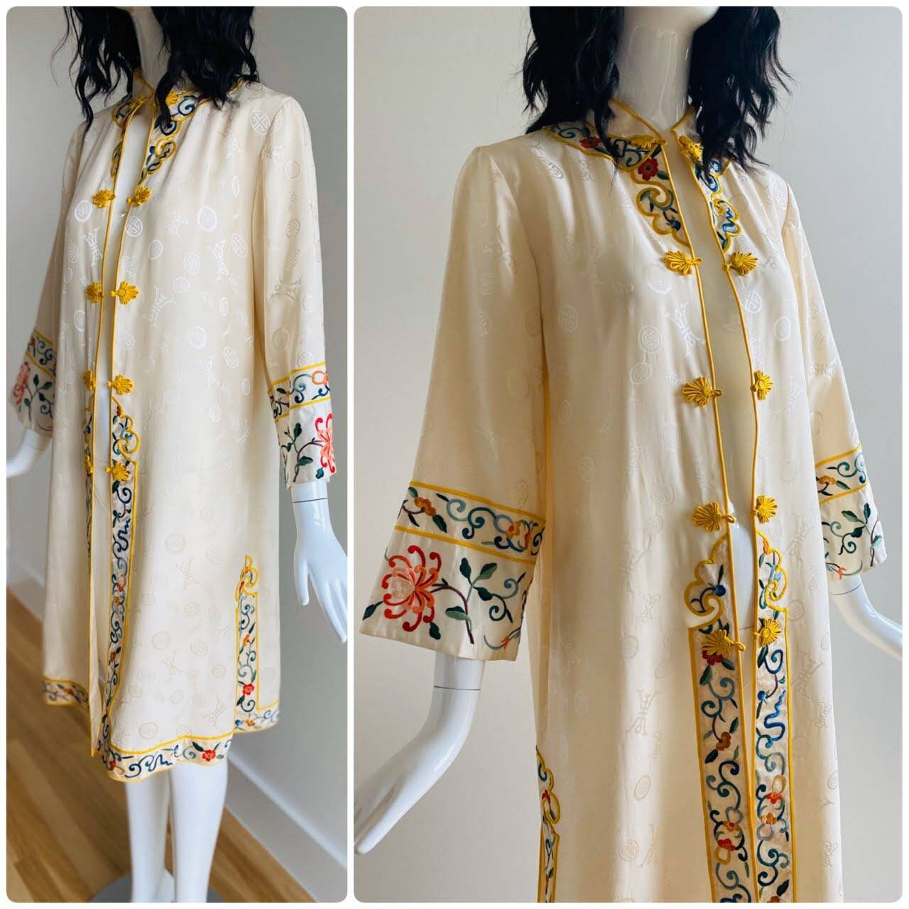40s Rare Silk Cream and Yellow Chinoiserie Fancy Long Jacket / Multi Color Embroidered Silk Jacket Dress / Hostess Dressing