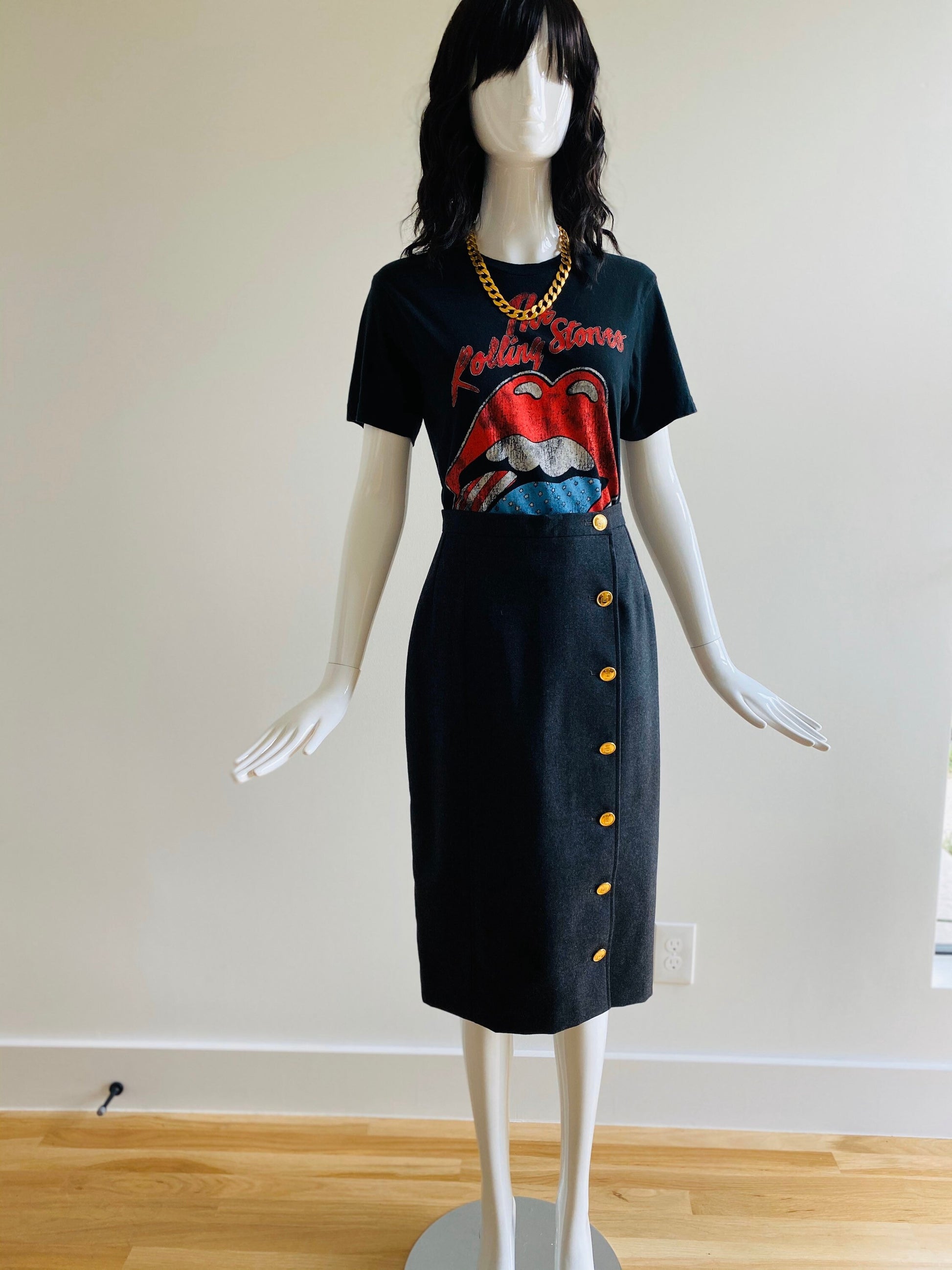 80s Vintage CHANEL Buttoned Down Wrap Skirt Chanel Midi