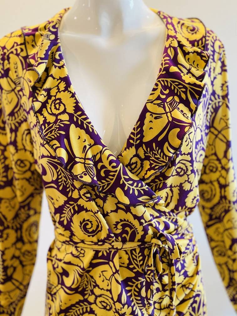 Vintage Herion1886 Yellow and Purple Silk Wrap Paisley Butterfly Print Ruffled Blouse Rare Italian Couture / Large