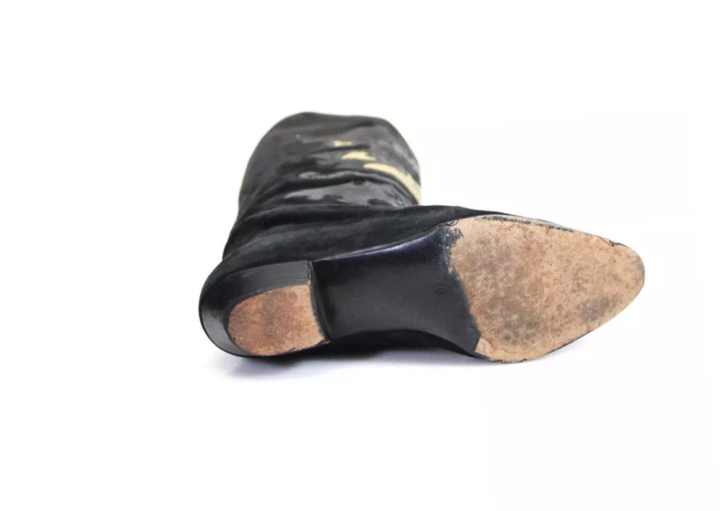 Andrea PFISTER Vintage Made in Italy Tall Black And Gold Lizard Python Snake Skin 1" Stacked Heel Boots Size 38 7.5