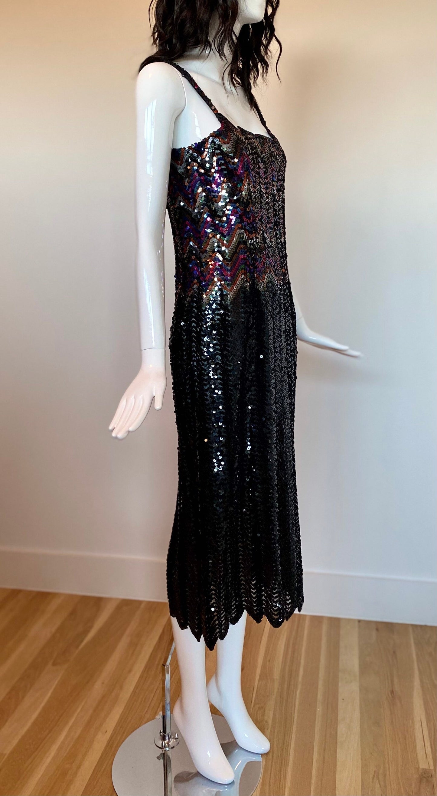 80s One Of a Kind Disco Rainbow Chevron Sequins Beaded Rocking Sexy Fitted Formal Party Dress Size Small