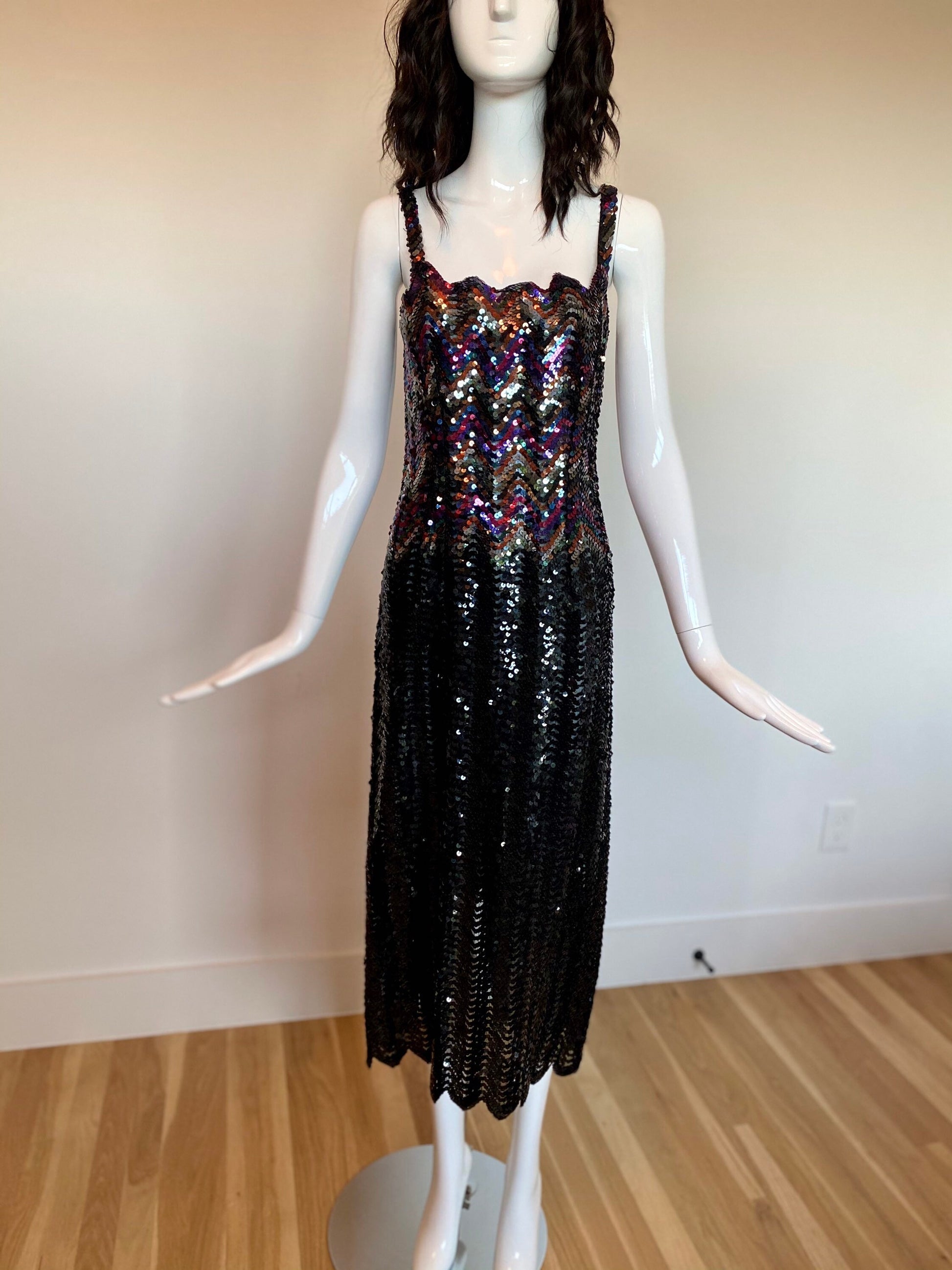 80s One Of a Kind Disco Rainbow Chevron Sequins Beaded Rocking Sexy Fitted Formal Party Dress Size Small