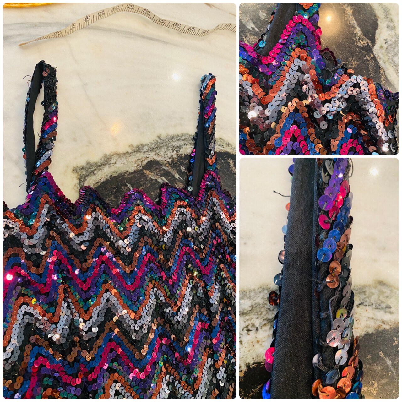 80s One Of a Kind Disco Rainbow Chevron Sequins Beaded Rocking Sexy Fitted Formal Party Dress Size Small