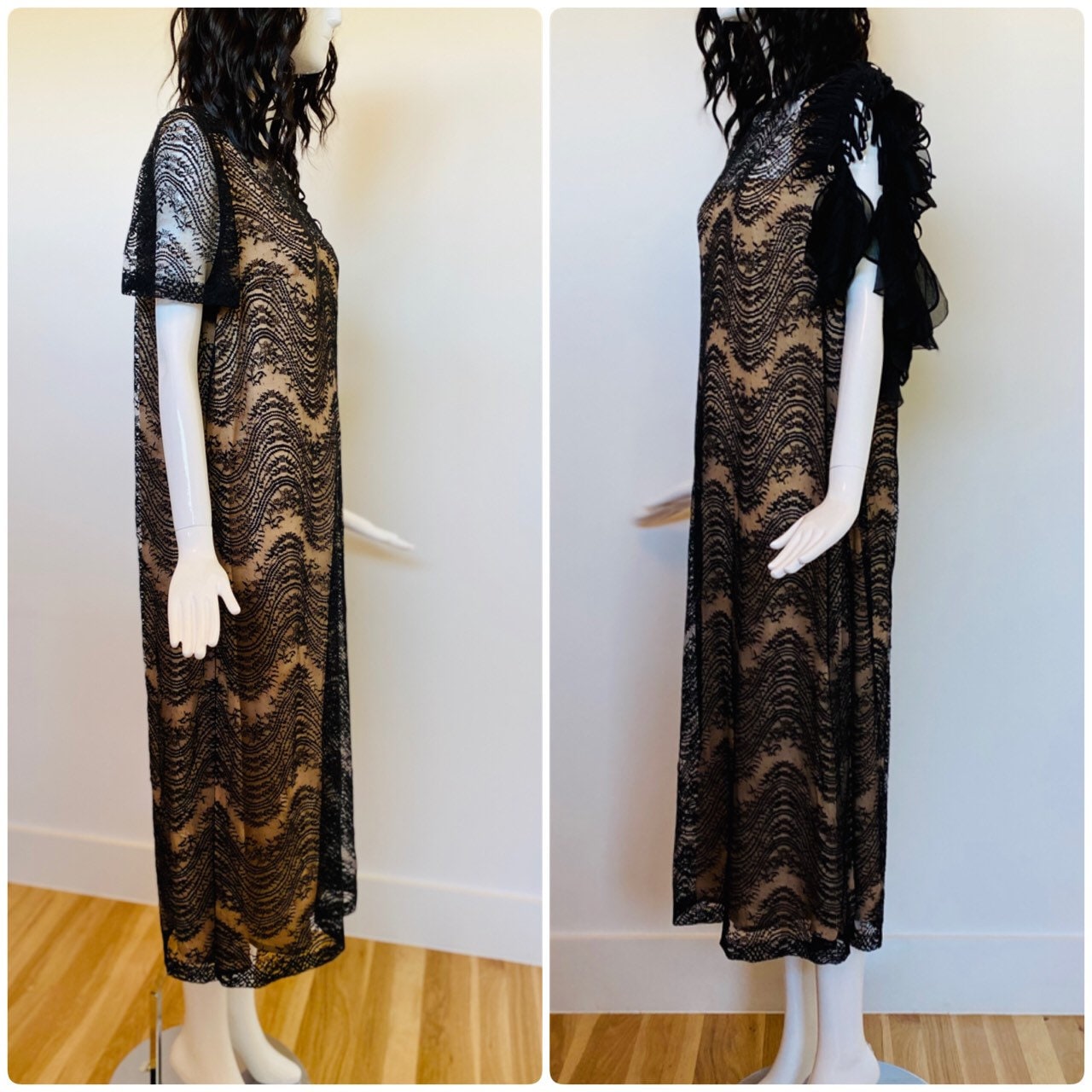 Fe Zandi Couture Black Lace Sexy Long Party Dress Shoulder Application