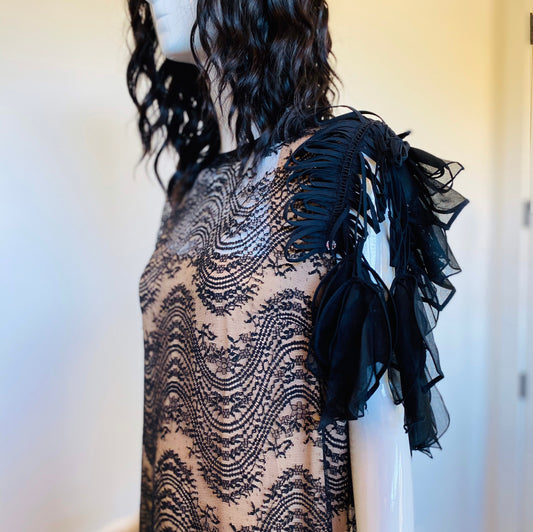 Fe Zandi Couture Black Lace Sexy Long Party Dress Shoulder Application