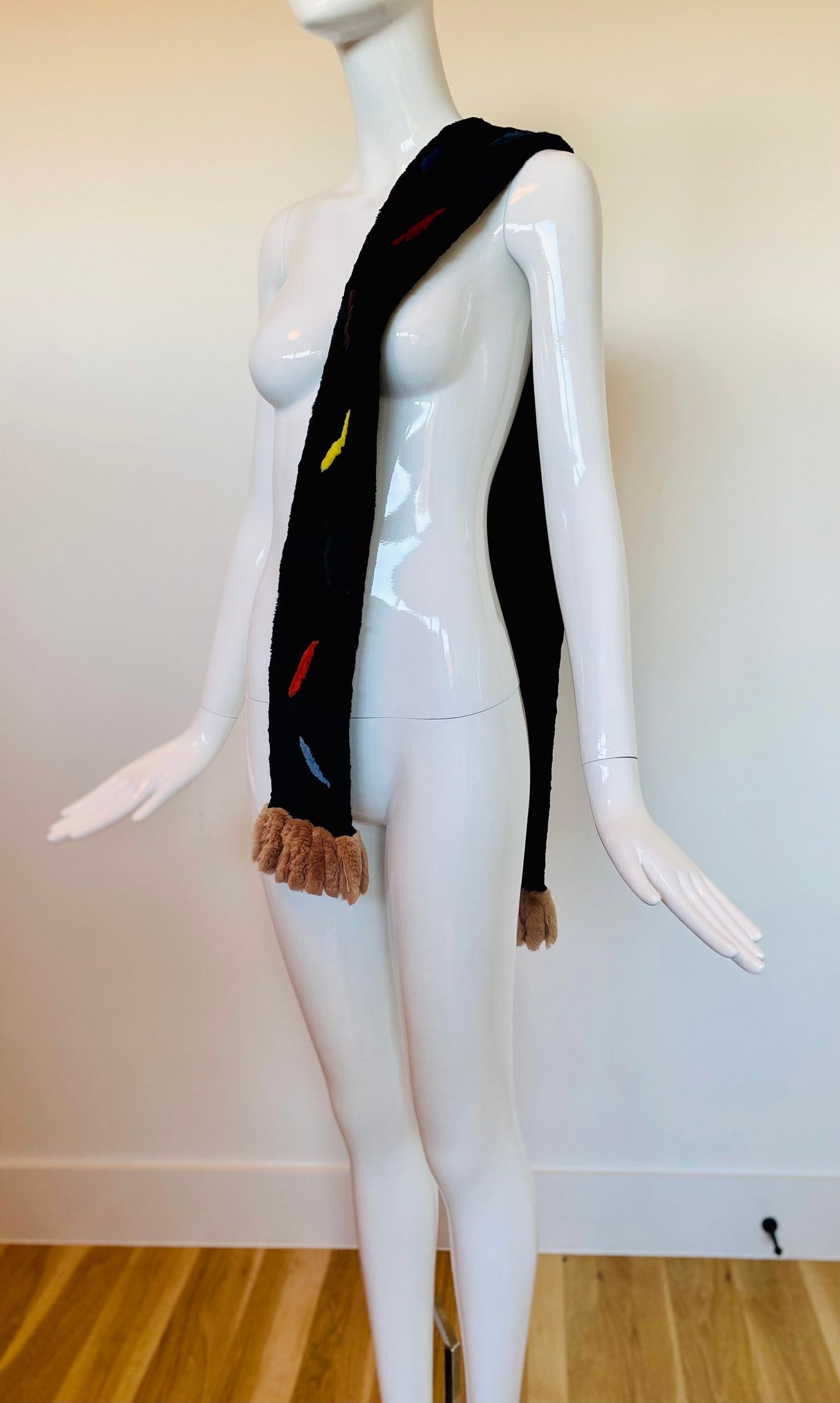 Fur Unisex Vintage Black Sheared Beaver Multi Color Abstract Stole Scarf 65" Long Zuki