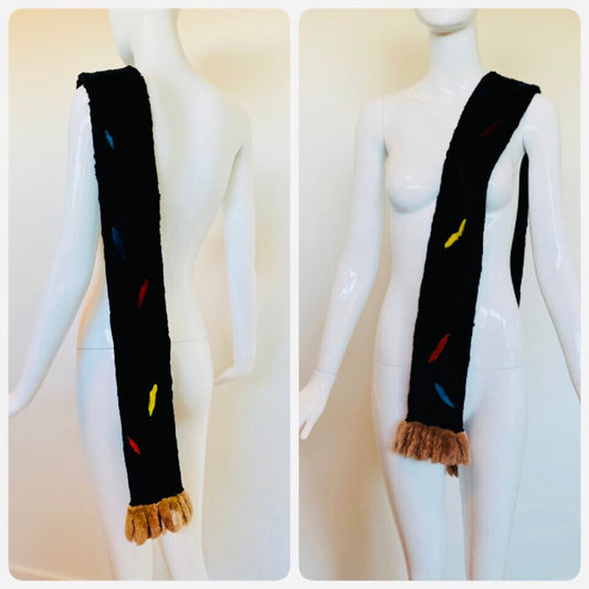Fur Unisex Vintage Black Sheared Beaver Multi Color Abstract Stole Scarf 65" Long Zuki