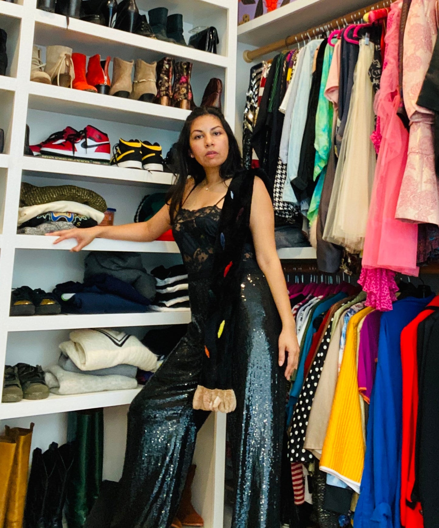 Fur Unisex Vintage Black Sheared Beaver Multi Color Abstract Stole Scarf 65" Long Zuki