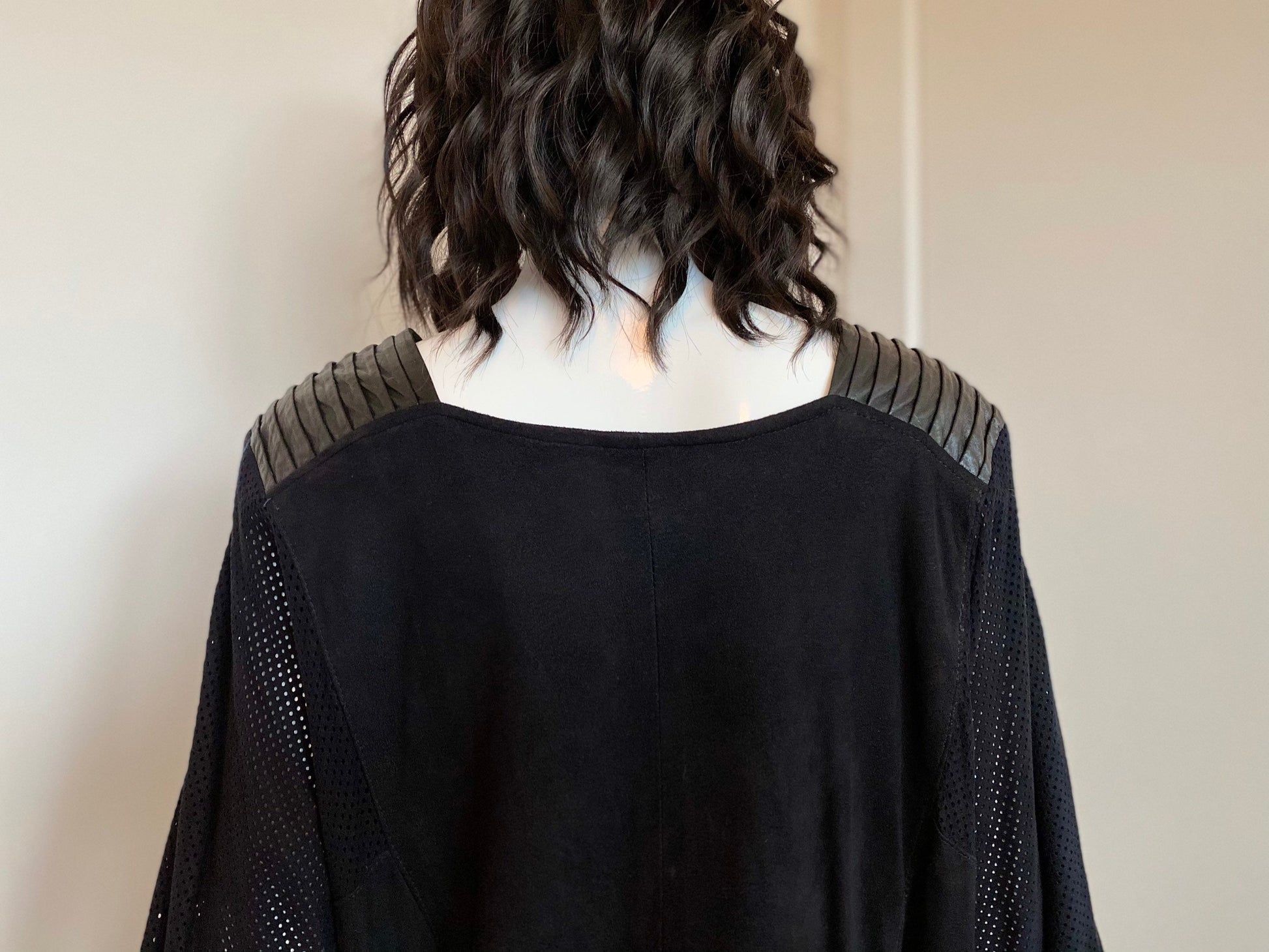 80s Punk Rock and Roll Black Leather Perforated Pleated Detail Grunge Sack Midi Calf Length Dolman Sleeves Rare Dress