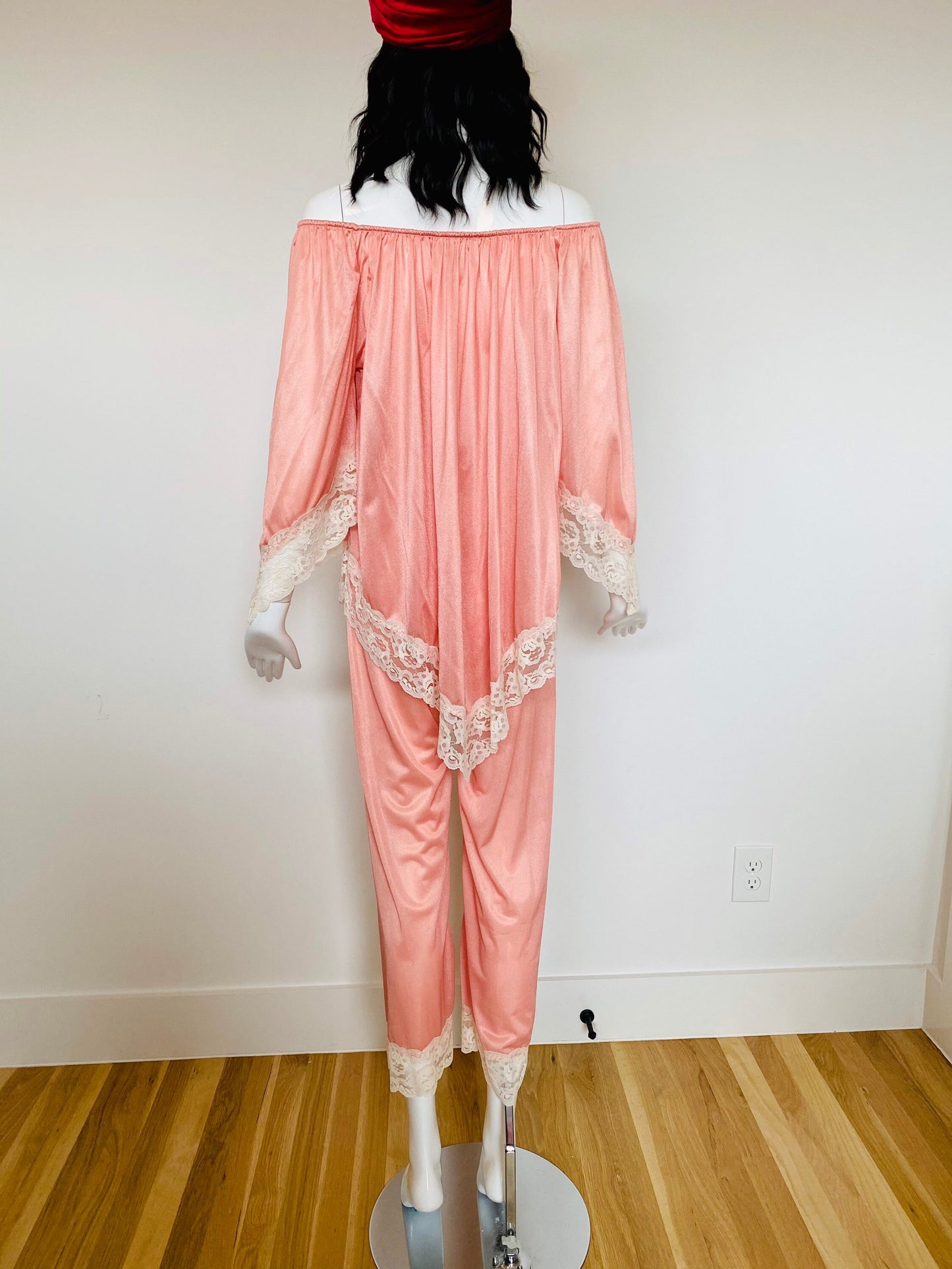 60s Boho Peachy Pink Nylon Lace Off the Shoulder Loungewear PJs