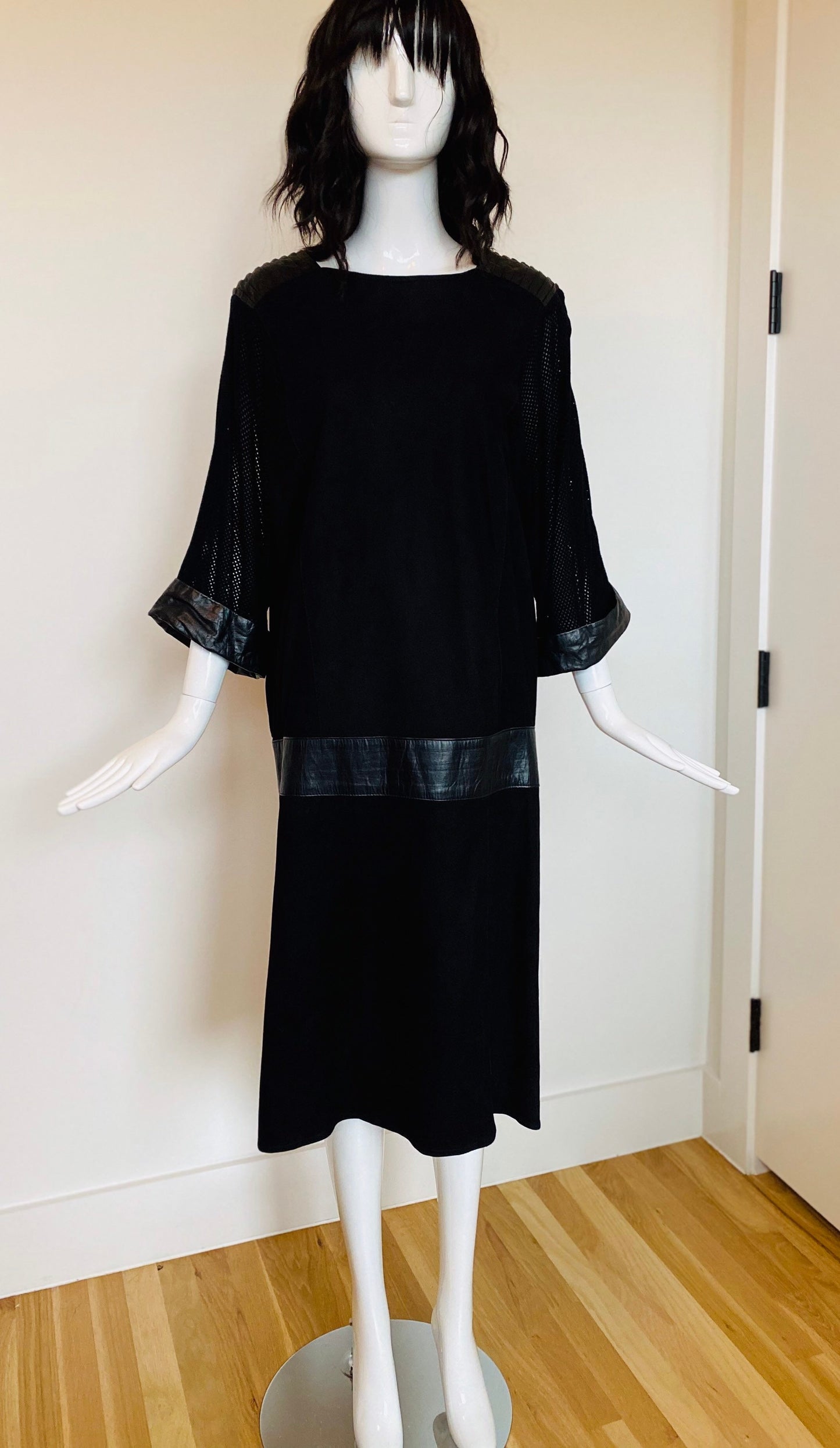 80s Punk Rock and Roll Black Leather Perforated Pleated Detail Grunge Sack Midi Calf Length Dolman Sleeves Rare Dress