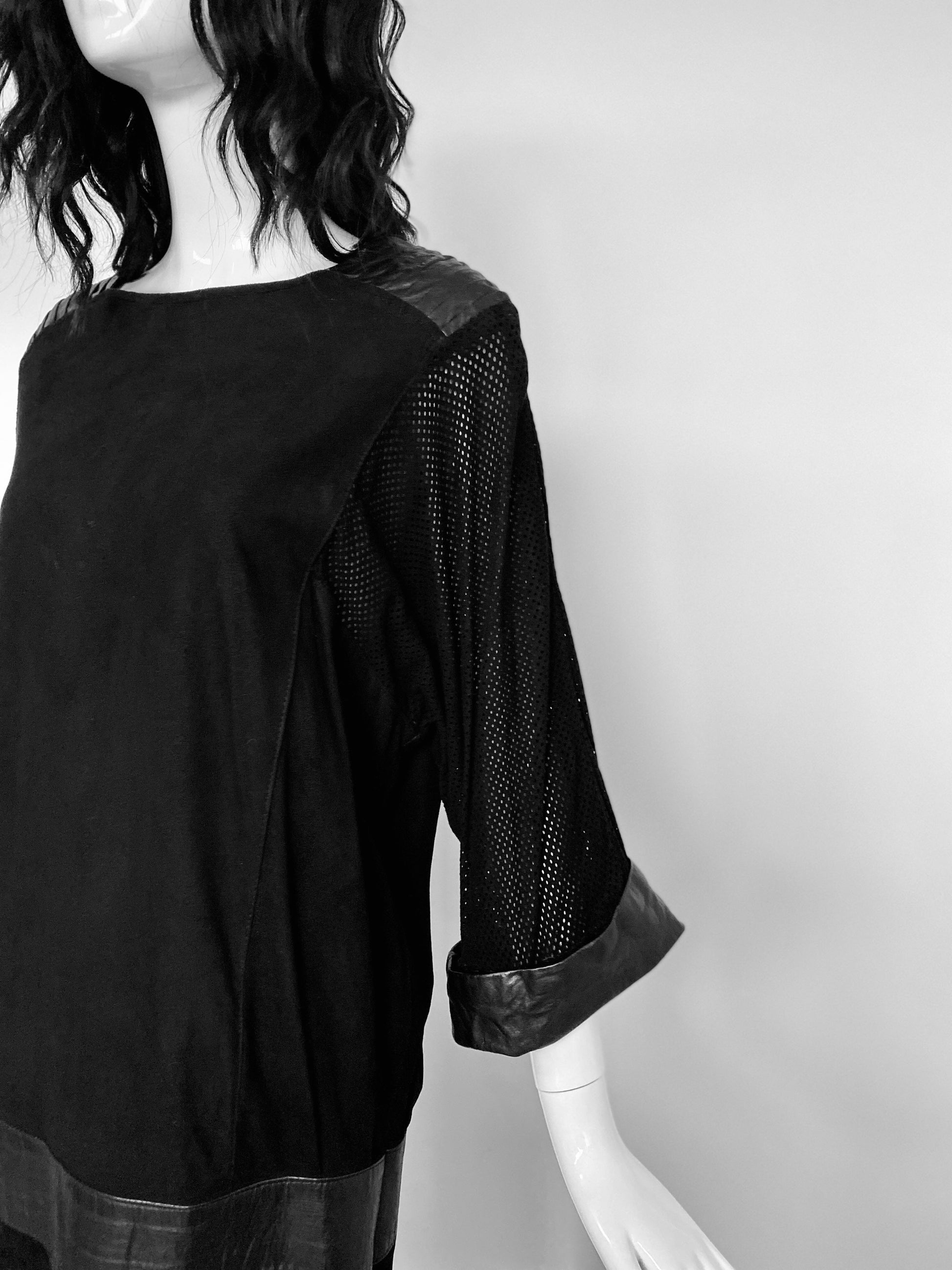 80s Punk Rock and Roll Black Leather Perforated Pleated Detail Grunge Sack Midi Calf Length Dolman Sleeves Rare Dress