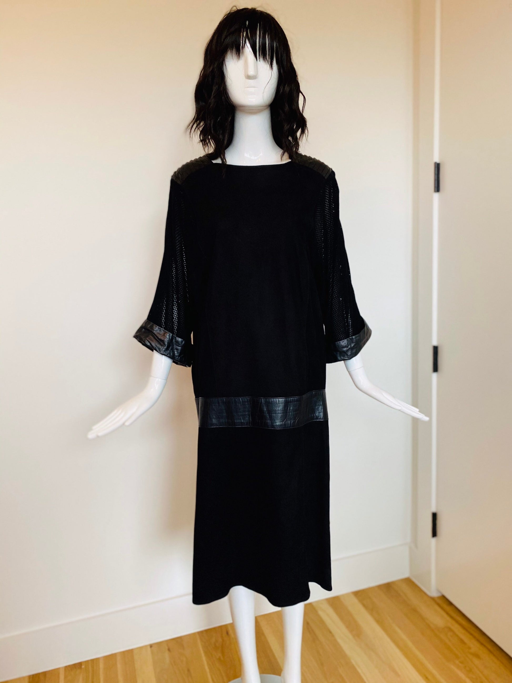 80s Punk Rock and Roll Black Leather Perforated Pleated Detail Grunge Sack Midi Calf Length Dolman Sleeves Rare Dress