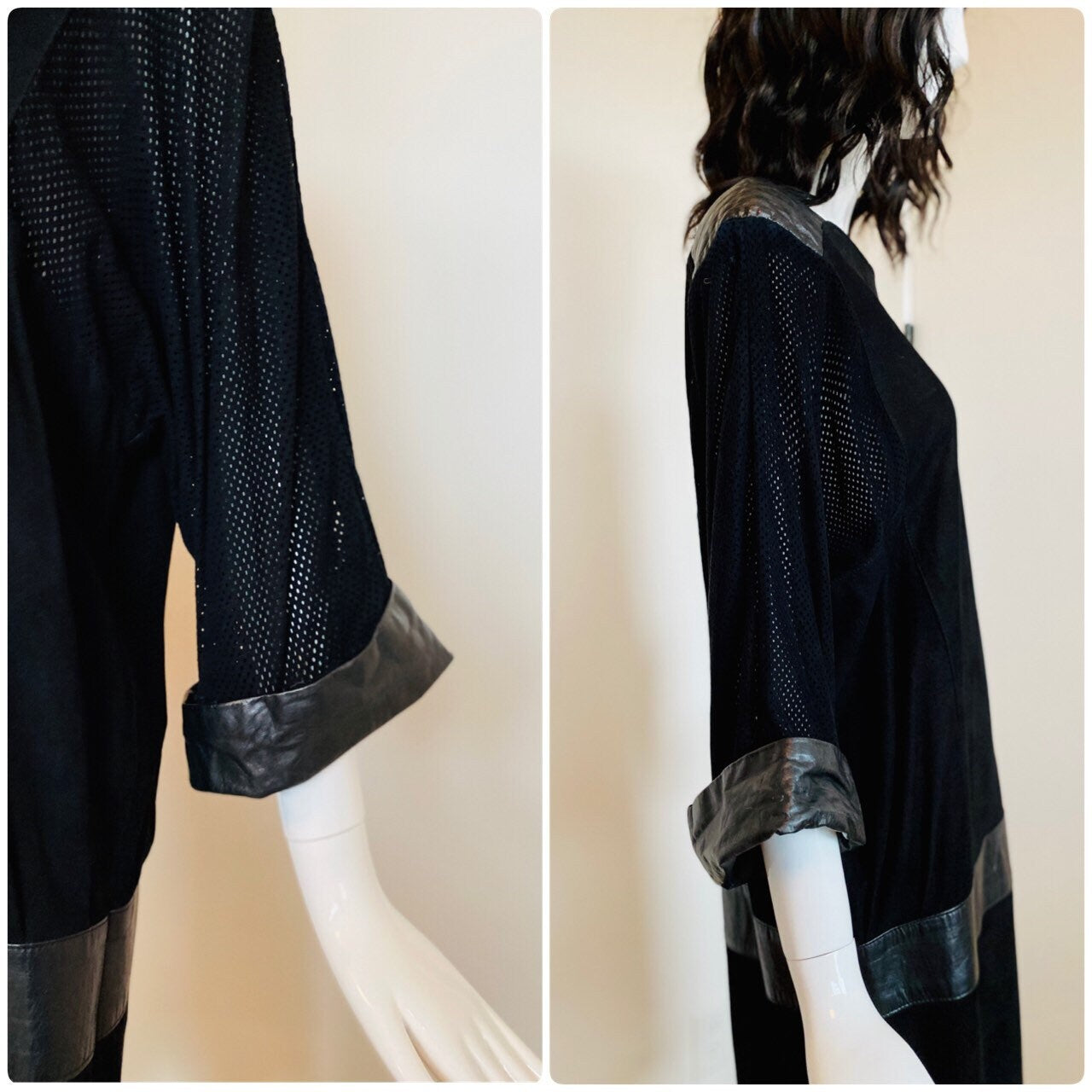 80s Punk Rock and Roll Black Leather Perforated Pleated Detail Grunge Sack Midi Calf Length Dolman Sleeves Rare Dress