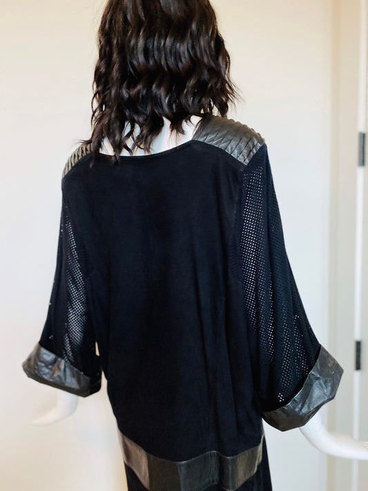 80s Punk Rock and Roll Black Leather Perforated Pleated Detail Grunge Sack Midi Calf Length Dolman Sleeves Rare Dress