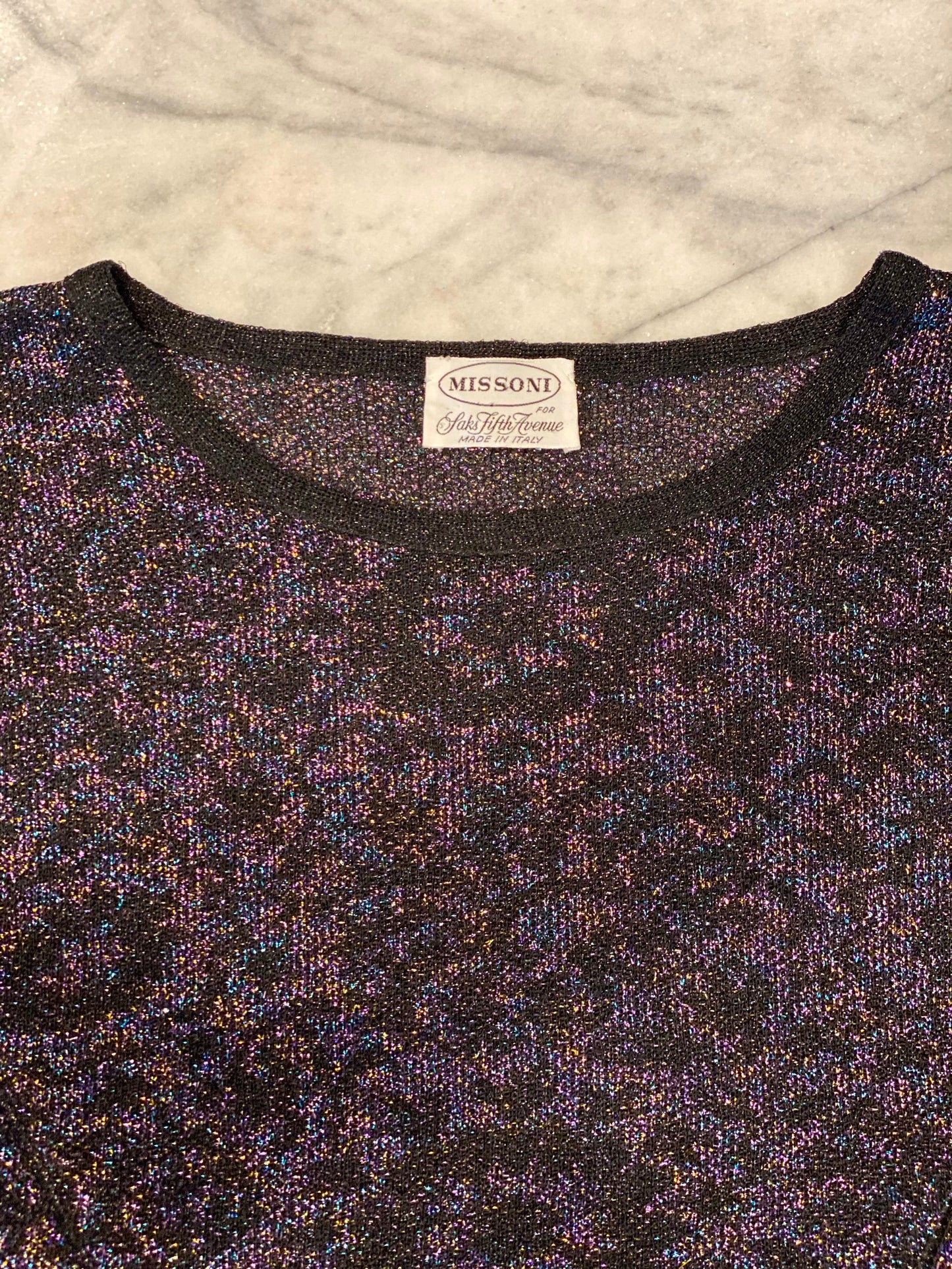 Missoni Lurex for Saks Fifth Avenue Rainbow Colors Metallic Dolman Sleeves Stretchy Knit Cropped Disco Top