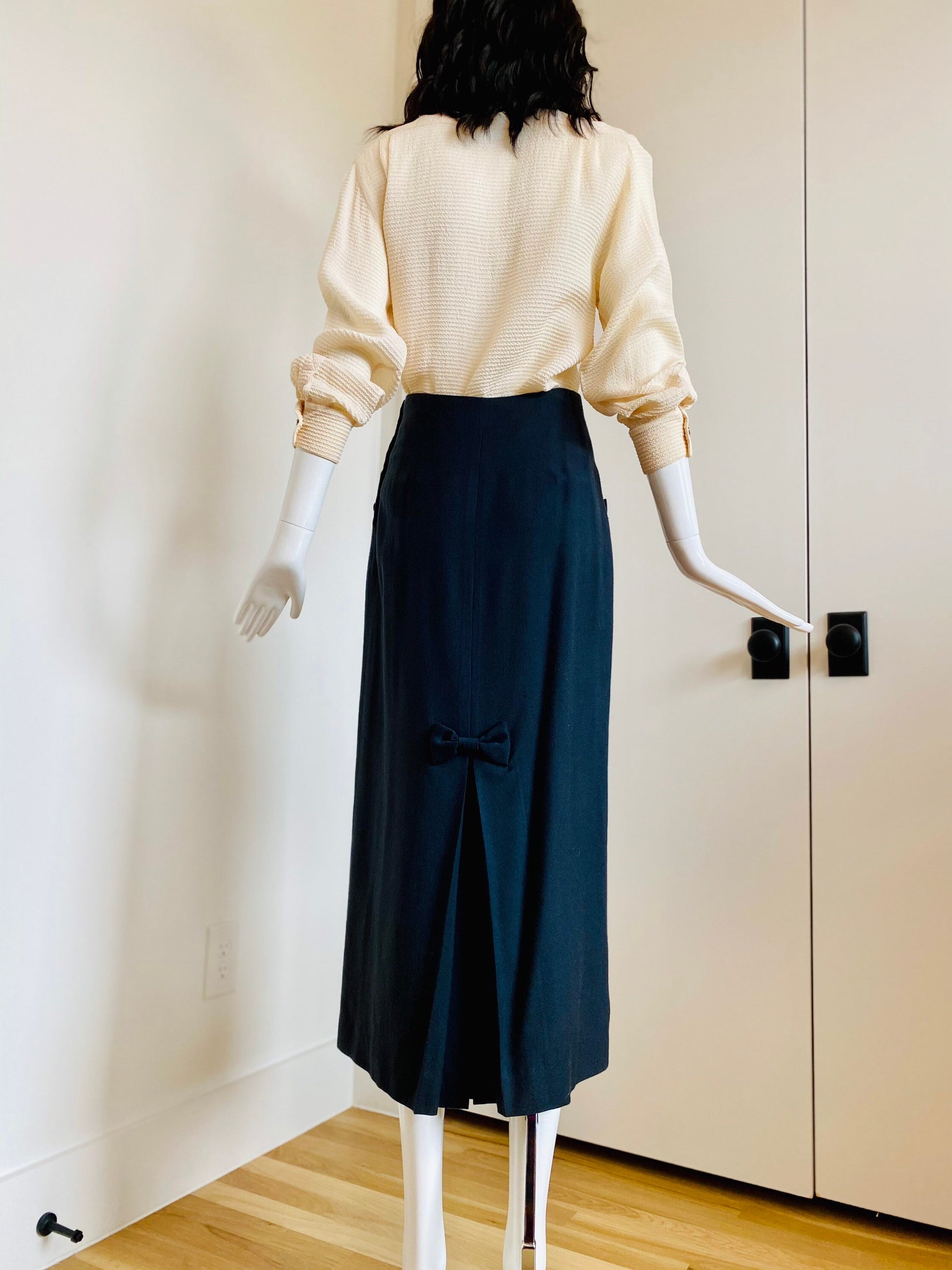 80s does 40s Throwback Long Wool Dark Grey Straight Skirt with Bow detail and Box Pleat