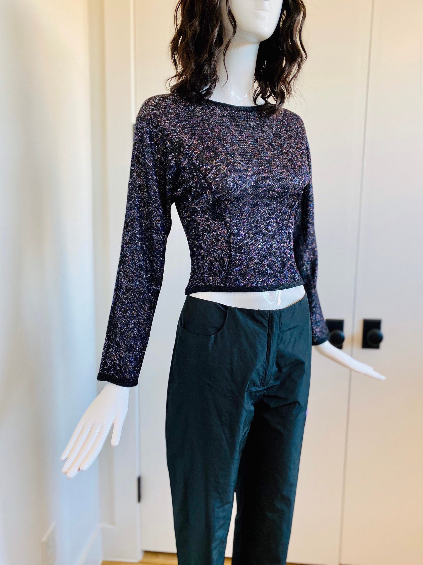 Missoni Lurex for Saks Fifth Avenue Rainbow Colors Metallic Dolman Sleeves Stretchy Knit Cropped Disco Top