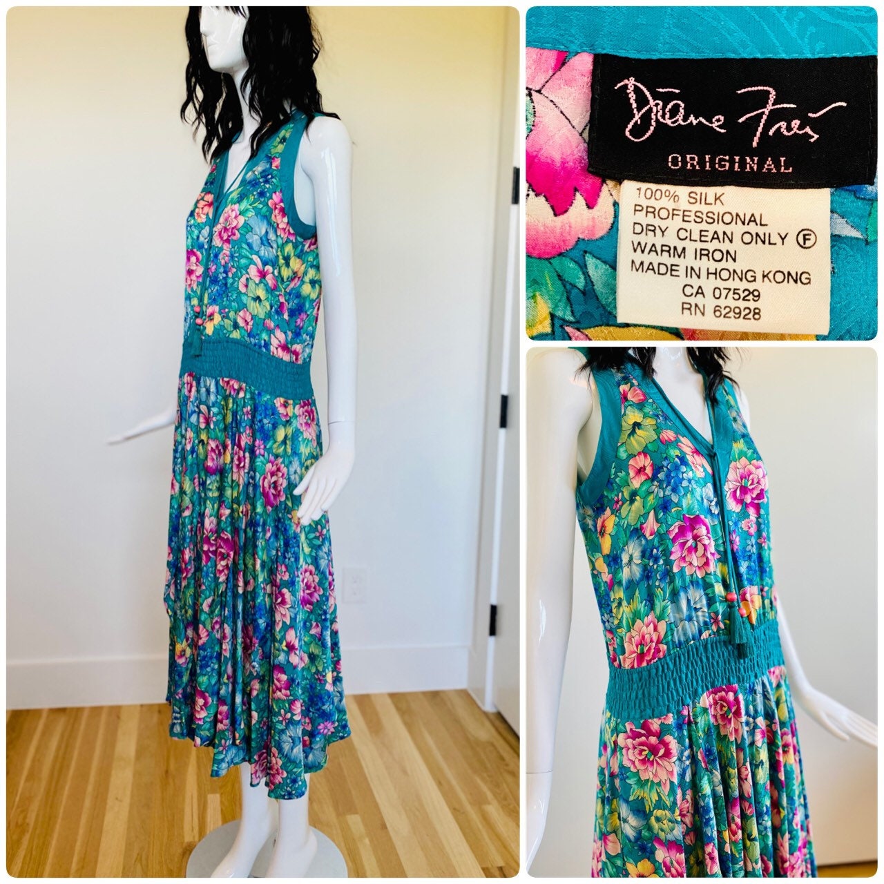 80s Diane Freis Floral Silk Garden Party Calf Length Sleeveless Dress Plunge Neckline Tassels