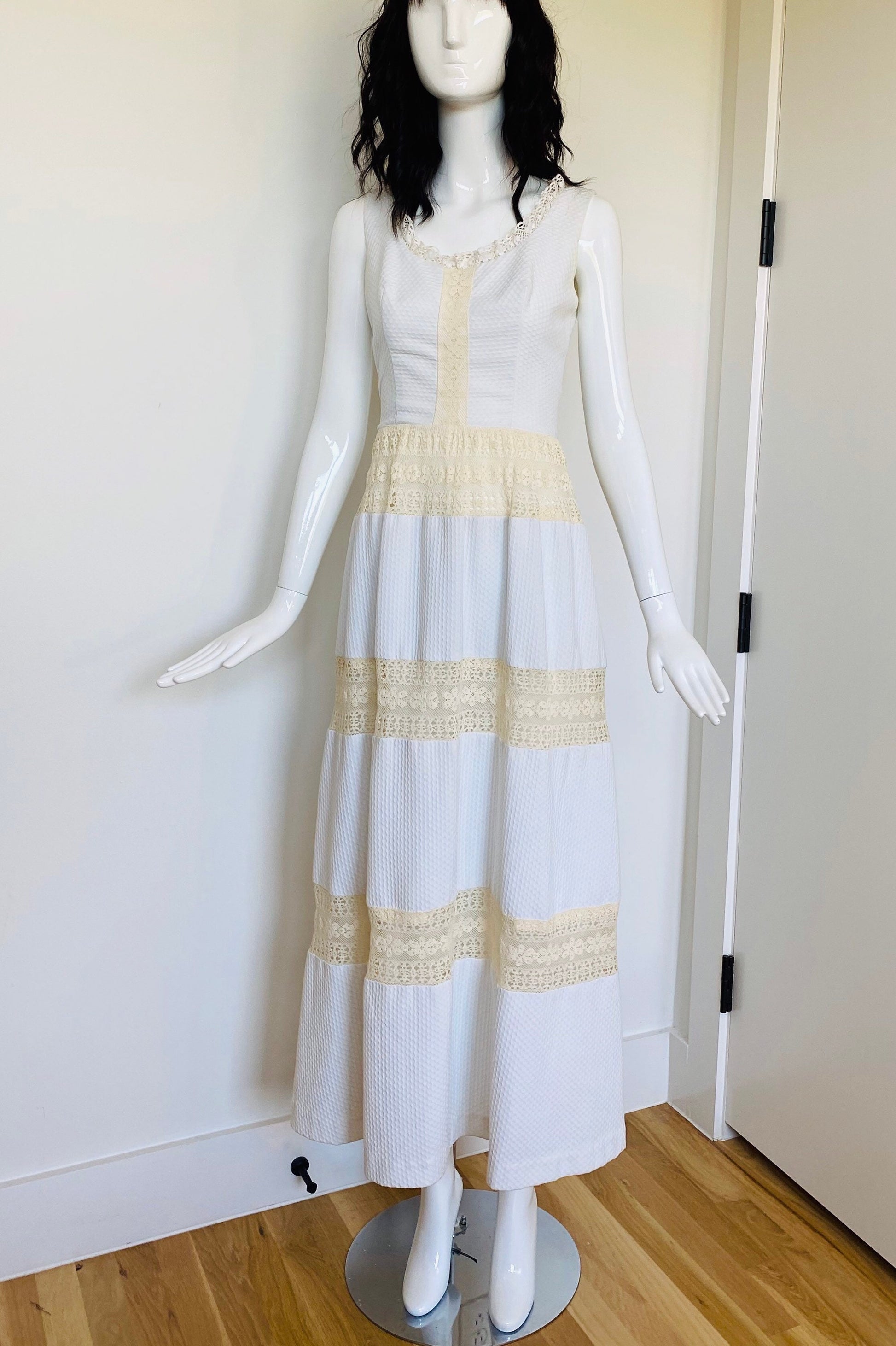 60s LANZ White Sleeveless Prairie Mexican Wedding Dress Pin tucked with Lace