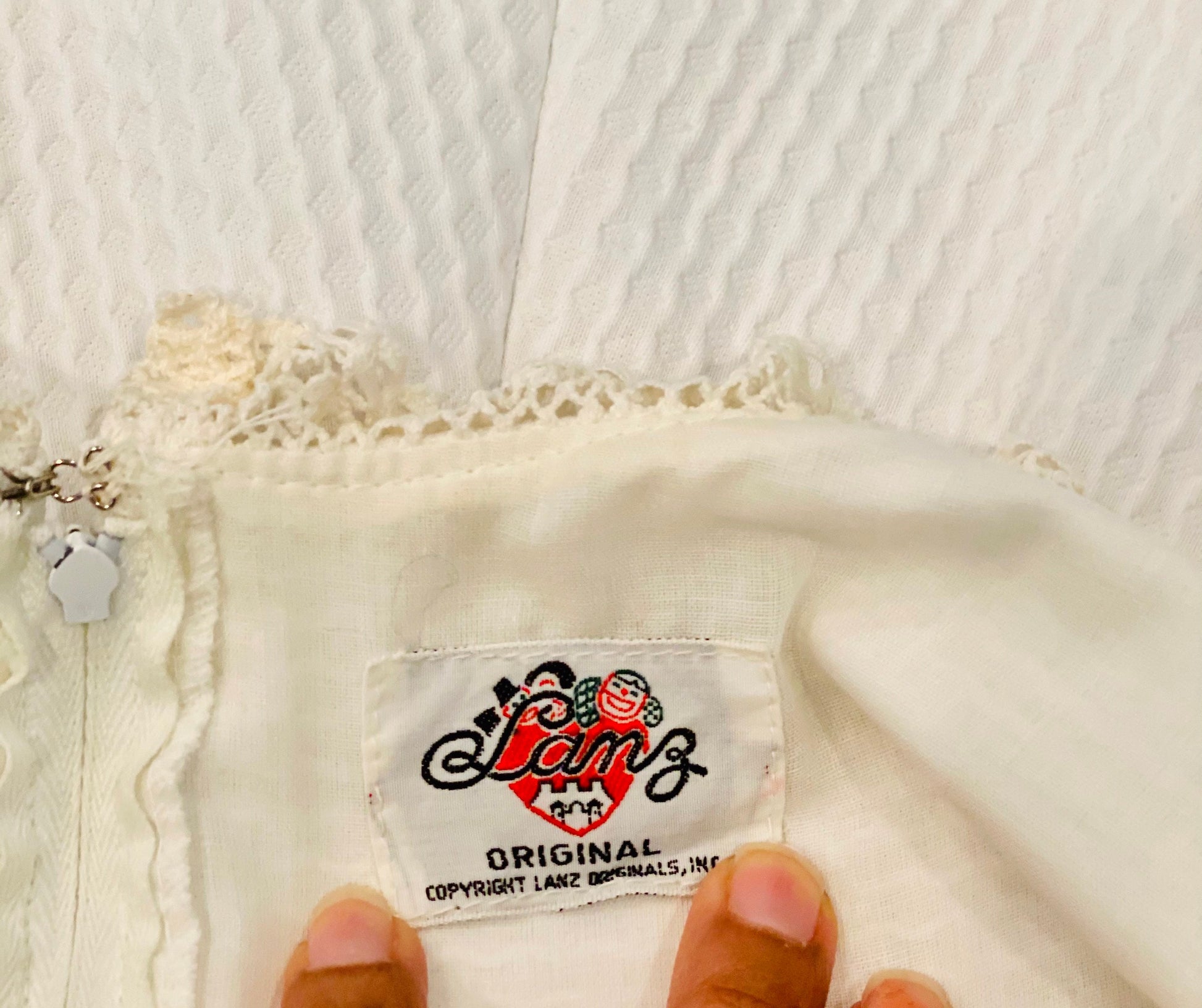 60s LANZ White Sleeveless Prairie Mexican Wedding Dress Pin tucked with Lace