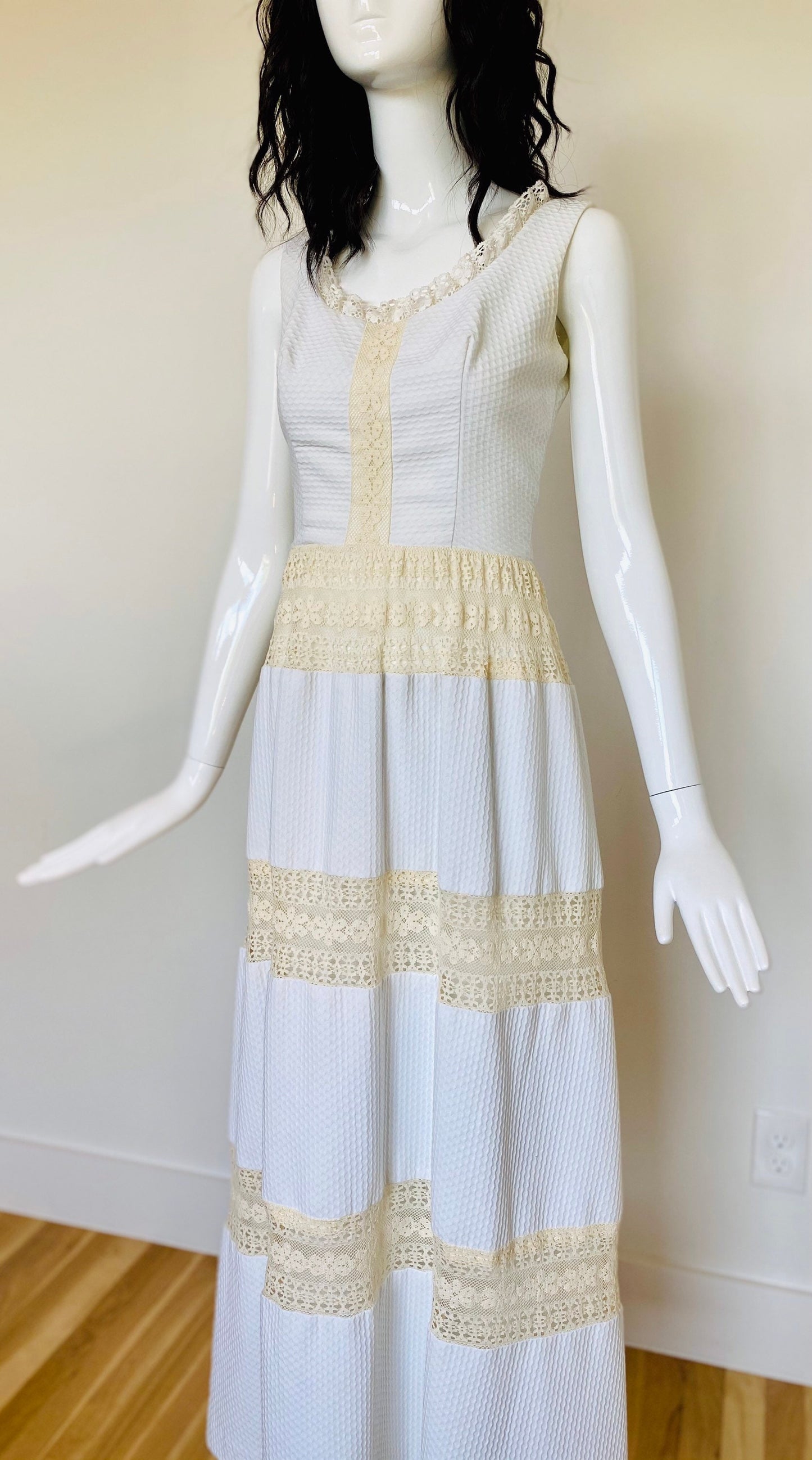 60s LANZ White Sleeveless Prairie Mexican Wedding Dress Pin tucked with Lace