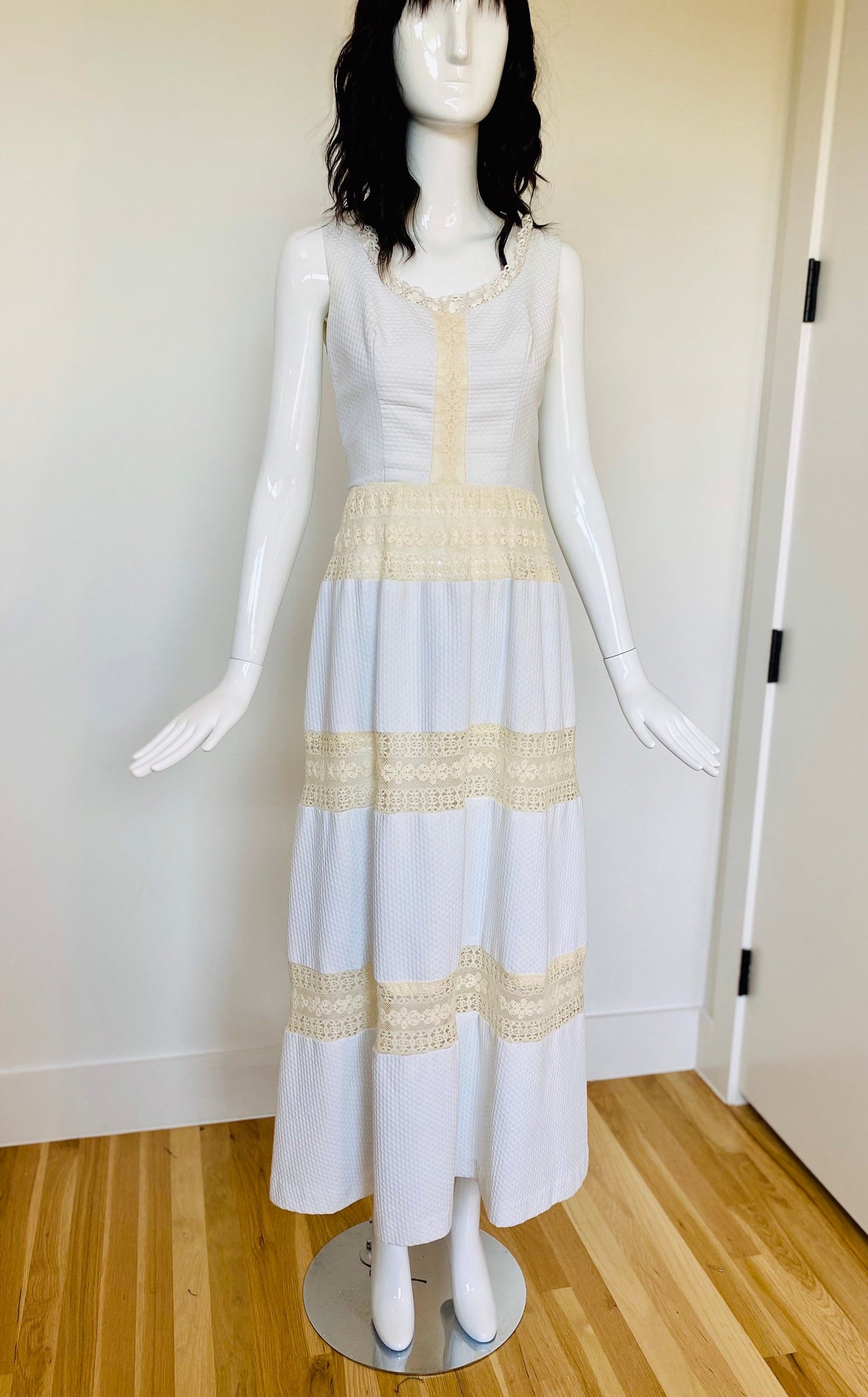 60s LANZ White Sleeveless Prairie Mexican Wedding Dress Pin tucked with Lace