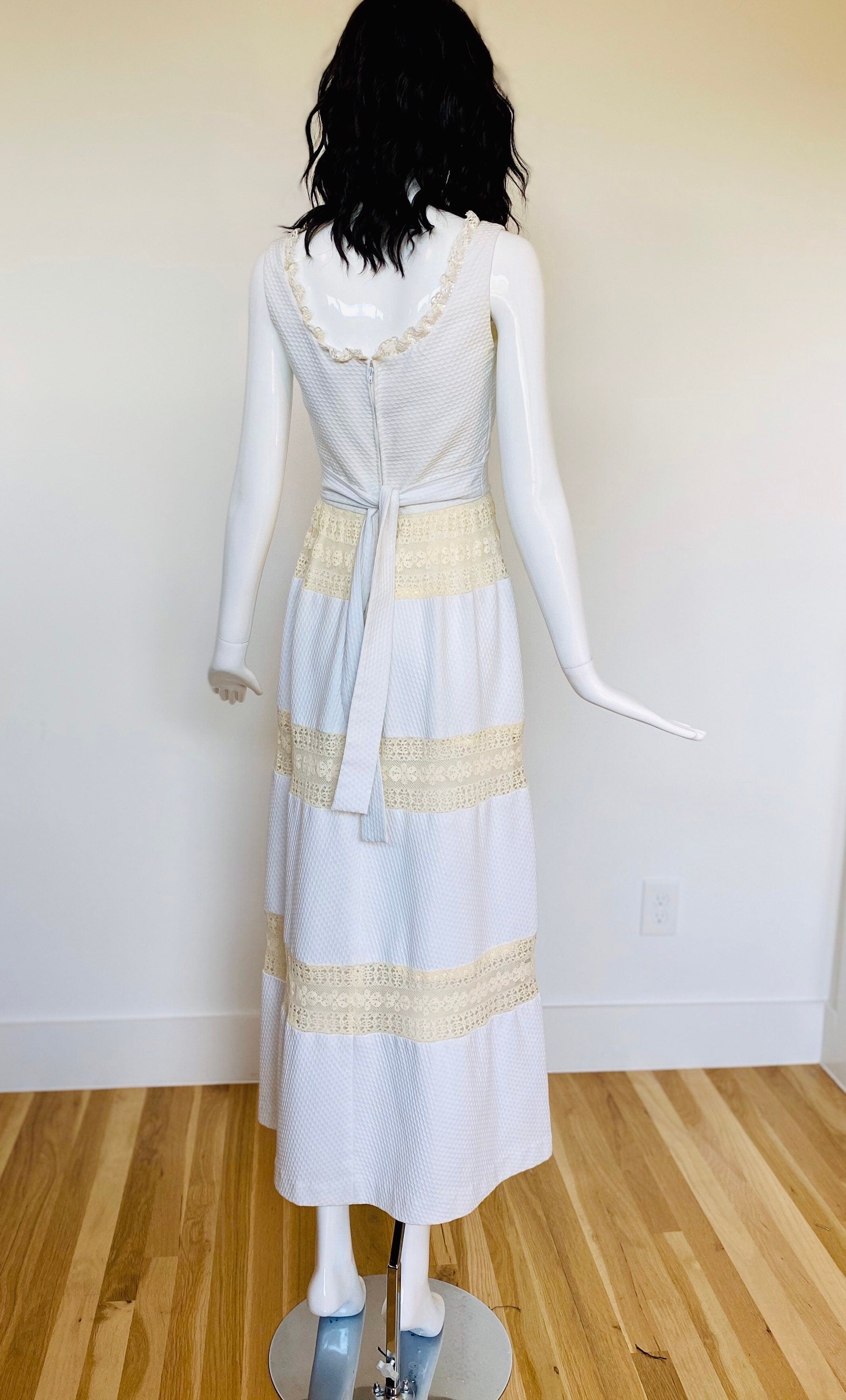 60s LANZ White Sleeveless Prairie Mexican Wedding Dress Pin tucked with Lace