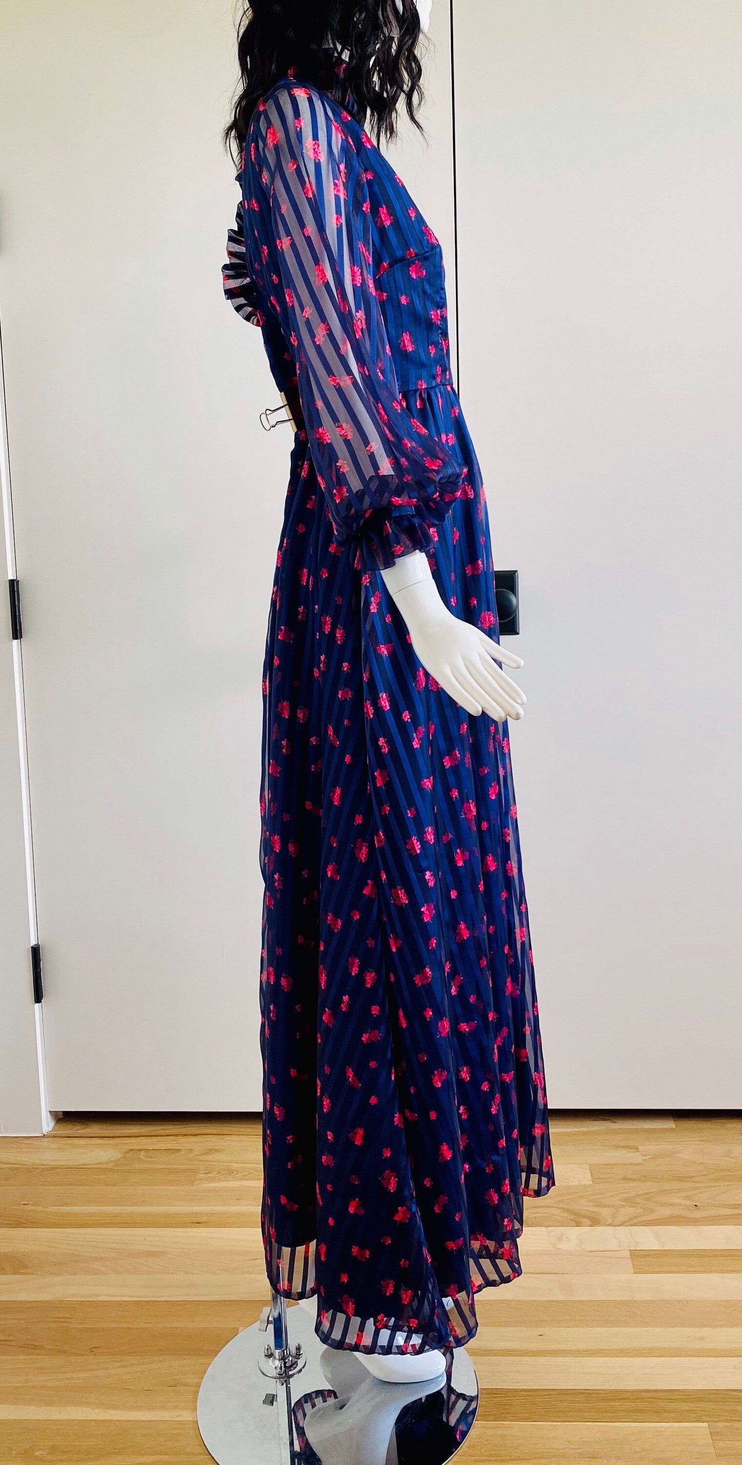 Vintage B COHEN Full Circle Skirt Floral Jewel Tone Chiffon Dress with Ruffles Balloon Sleeves High Neck 28" Waist Low Sexy Back