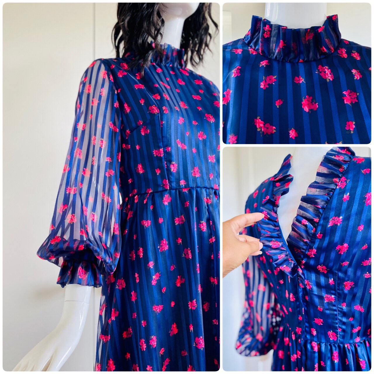 Vintage B COHEN Full Circle Skirt Floral Jewel Tone Chiffon Dress with Ruffles Balloon Sleeves High Neck 28" Waist Low Sexy Back