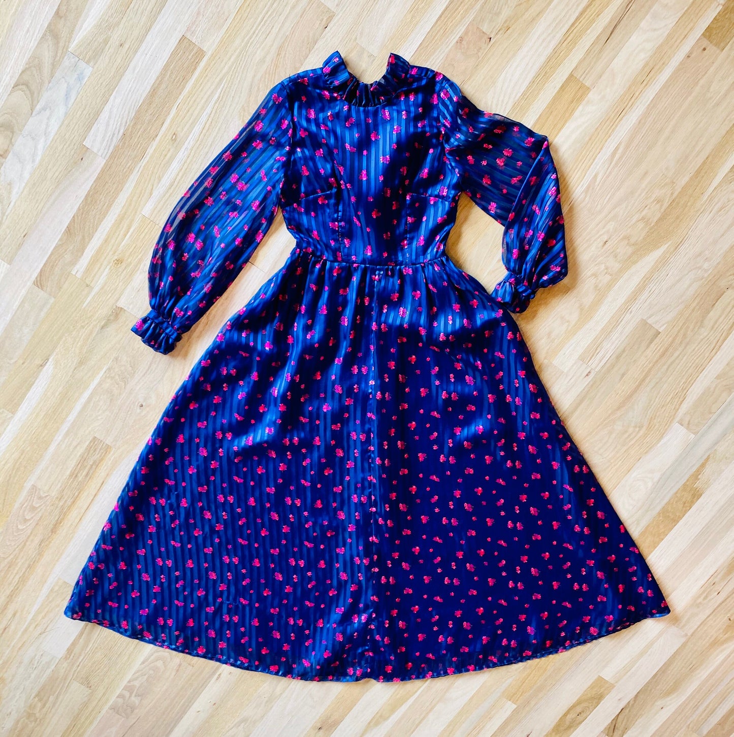 Vintage B COHEN Full Circle Skirt Floral Jewel Tone Chiffon Dress with Ruffles Balloon Sleeves High Neck 28" Waist Low Sexy Back