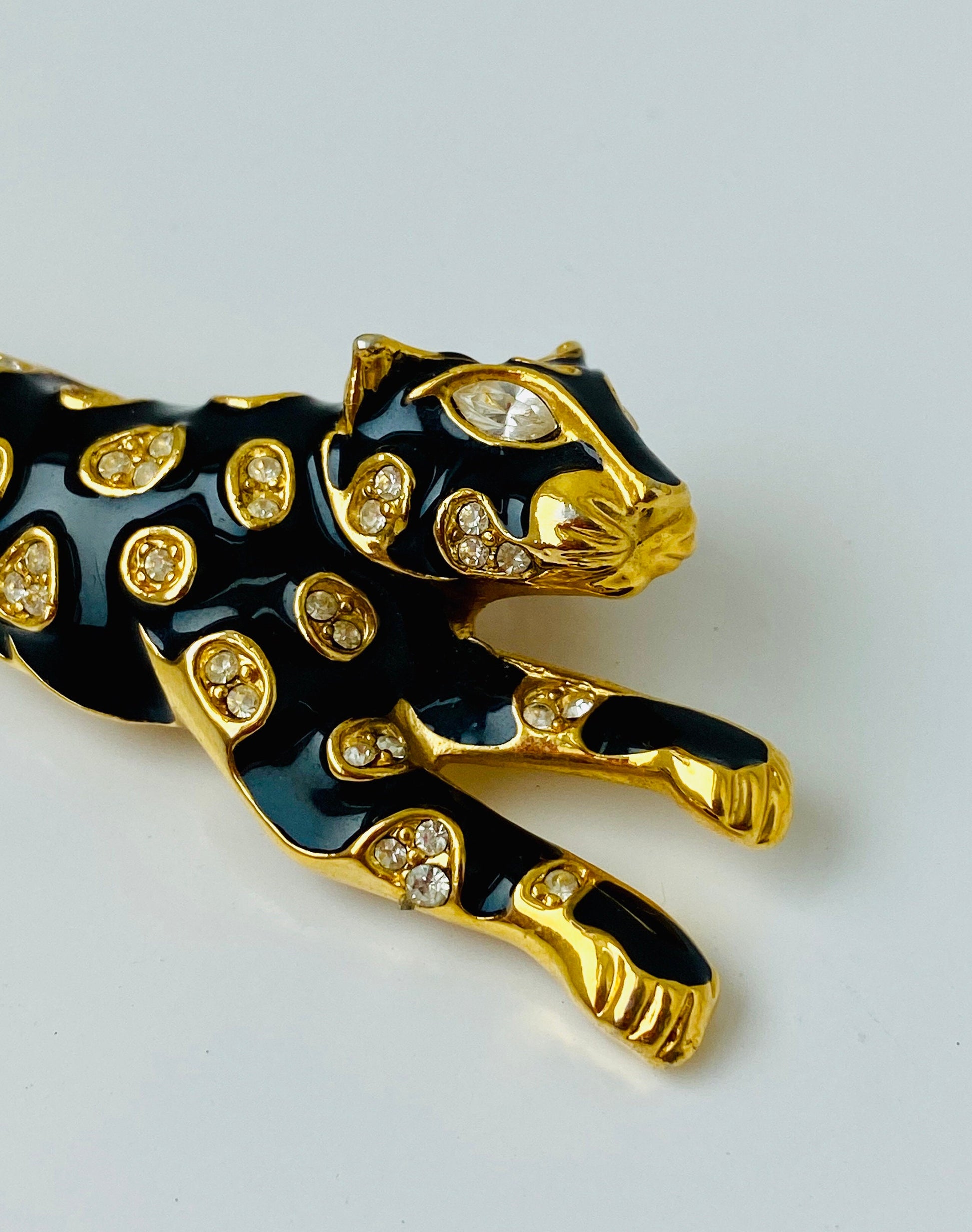 80s Vintage Gold Plated Enameled Black Panther / Jaguar Crystal Brooch