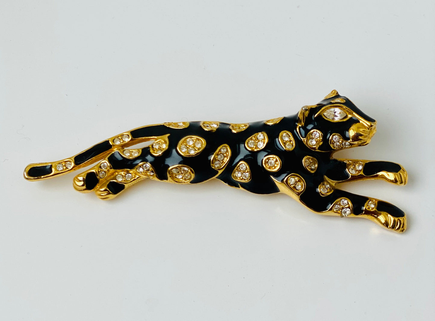 80s Vintage Gold Plated Enameled Black Panther / Jaguar Crystal Brooch