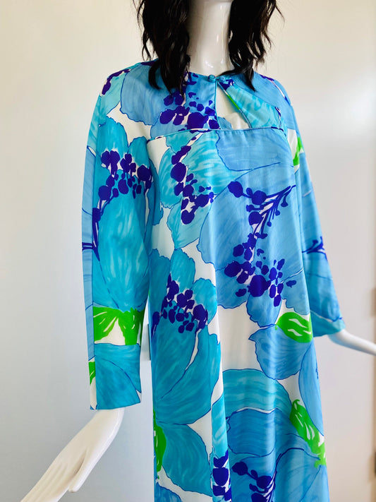 Vintage 70s Psychedelic MALIA Honolulu Tiki Long Sleeves Floral Maxi Dress