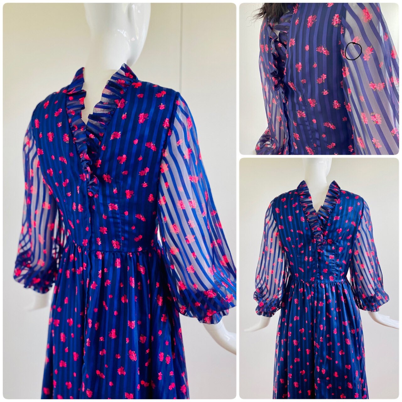 Vintage B COHEN Full Circle Skirt Floral Jewel Tone Chiffon Dress with Ruffles Balloon Sleeves High Neck 28" Waist Low Sexy Back