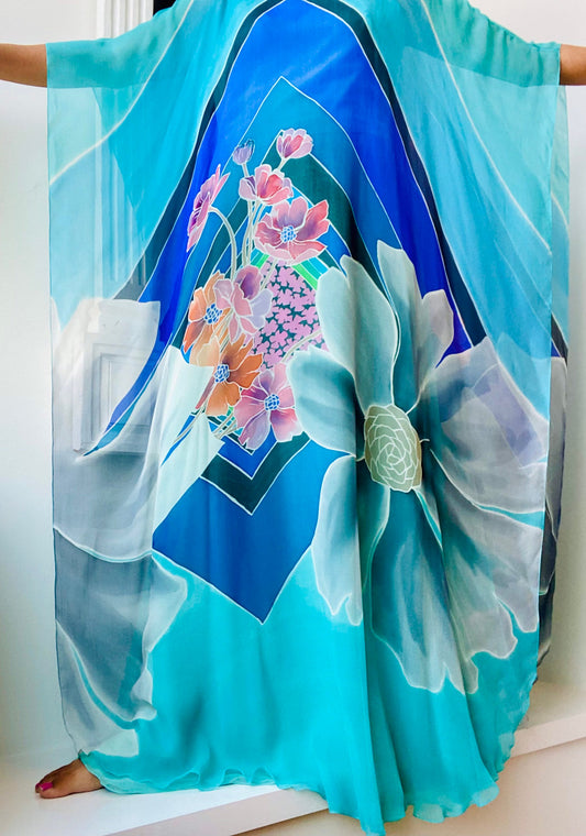 Rare Late 60s Early 70s Romi for Lou Lattimore Dallas Silk Floral Psychedelic Print Chiffon Kaftan Dressing Gown