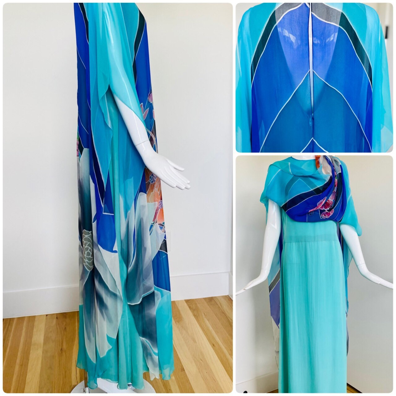 Rare Late 60s Early 70s Romi for Lou Lattimore Dallas Silk Floral Psychedelic Print Chiffon Kaftan Dressing Gown