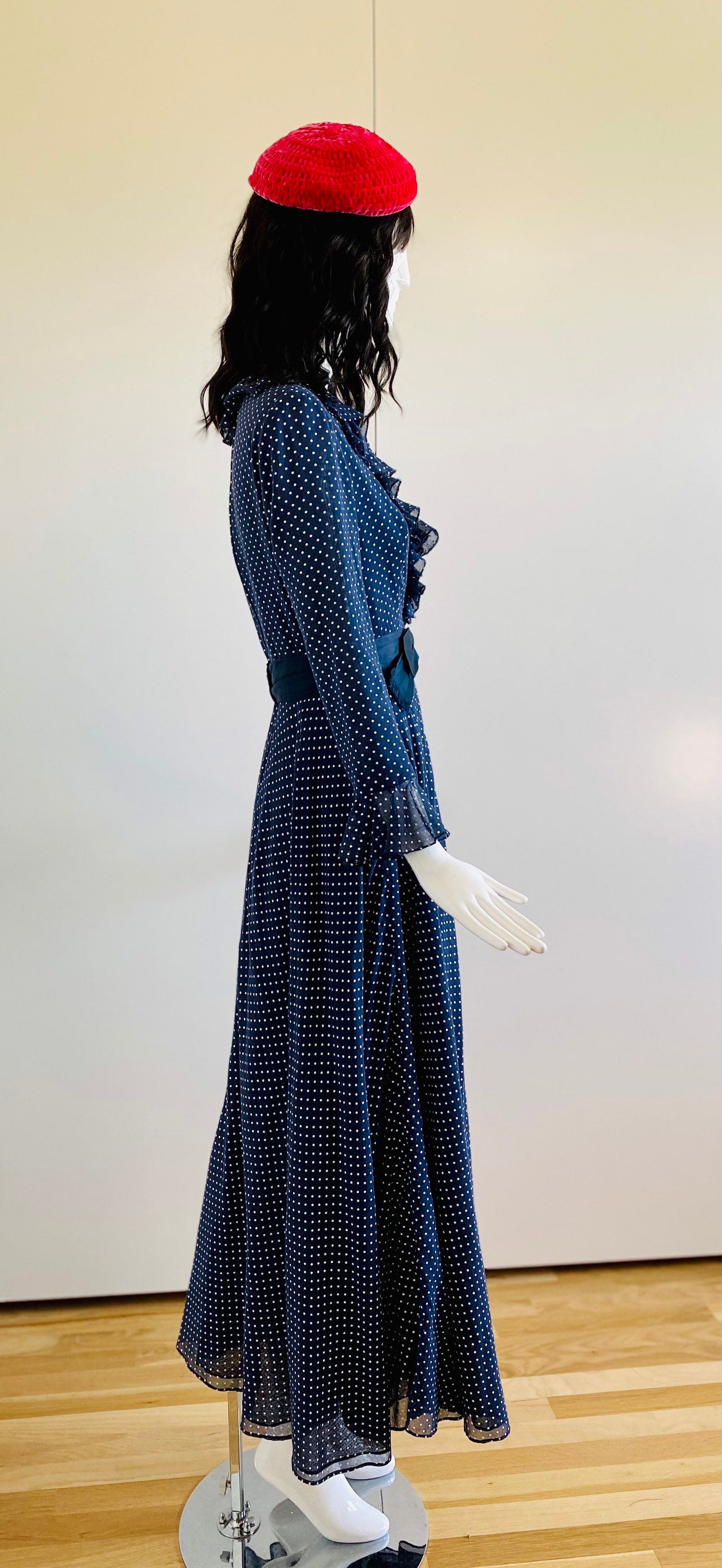 Small 50s RONA New York Blue Polka Dot Ruffled Full Circle Skirt Long Sleeves Dress