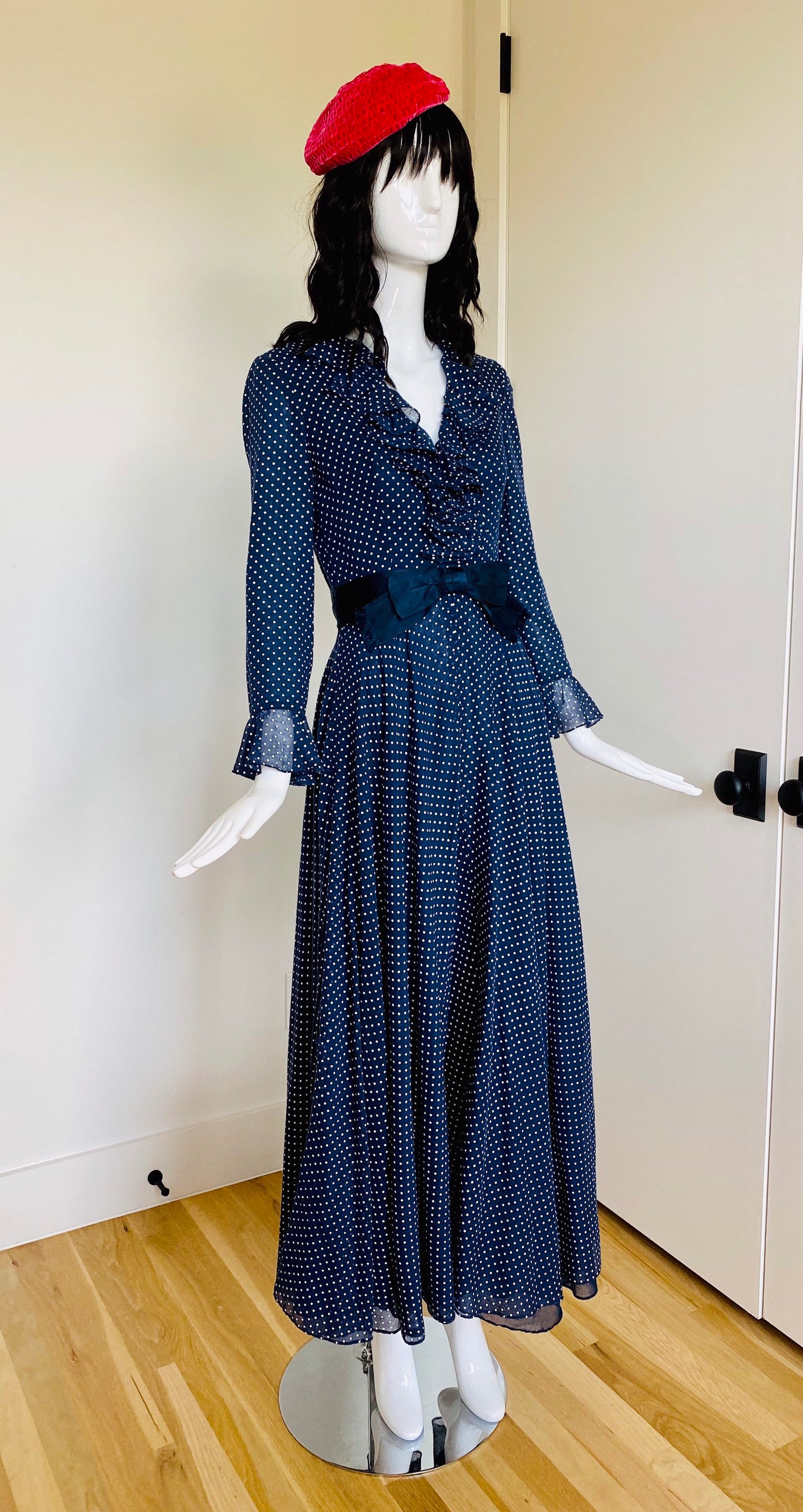 Small 50s RONA New York Blue Polka Dot Ruffled Full Circle Skirt Long Sleeves Dress