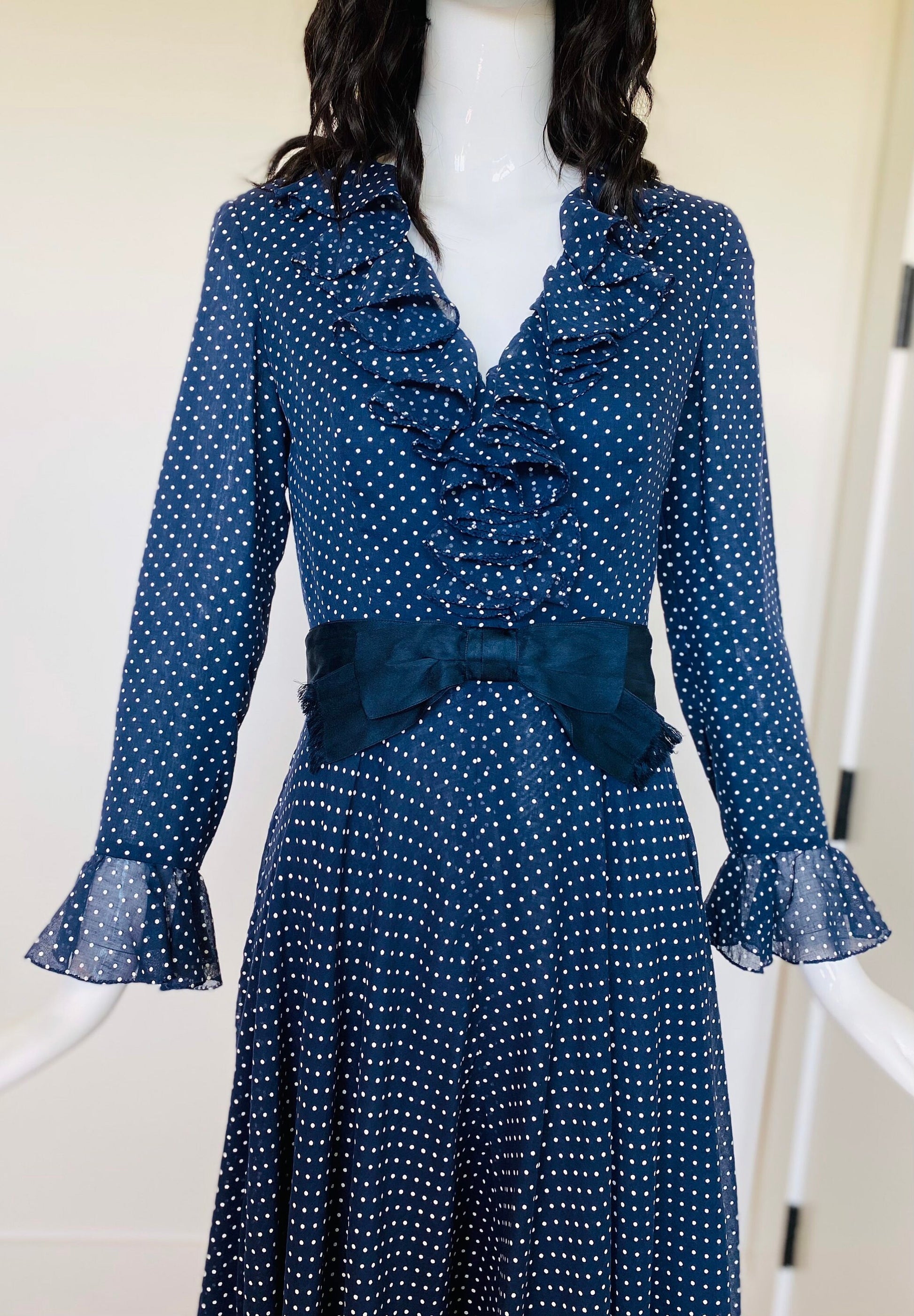 Small 50s RONA New York Blue Polka Dot Ruffled Full Circle Skirt Long Sleeves Dress