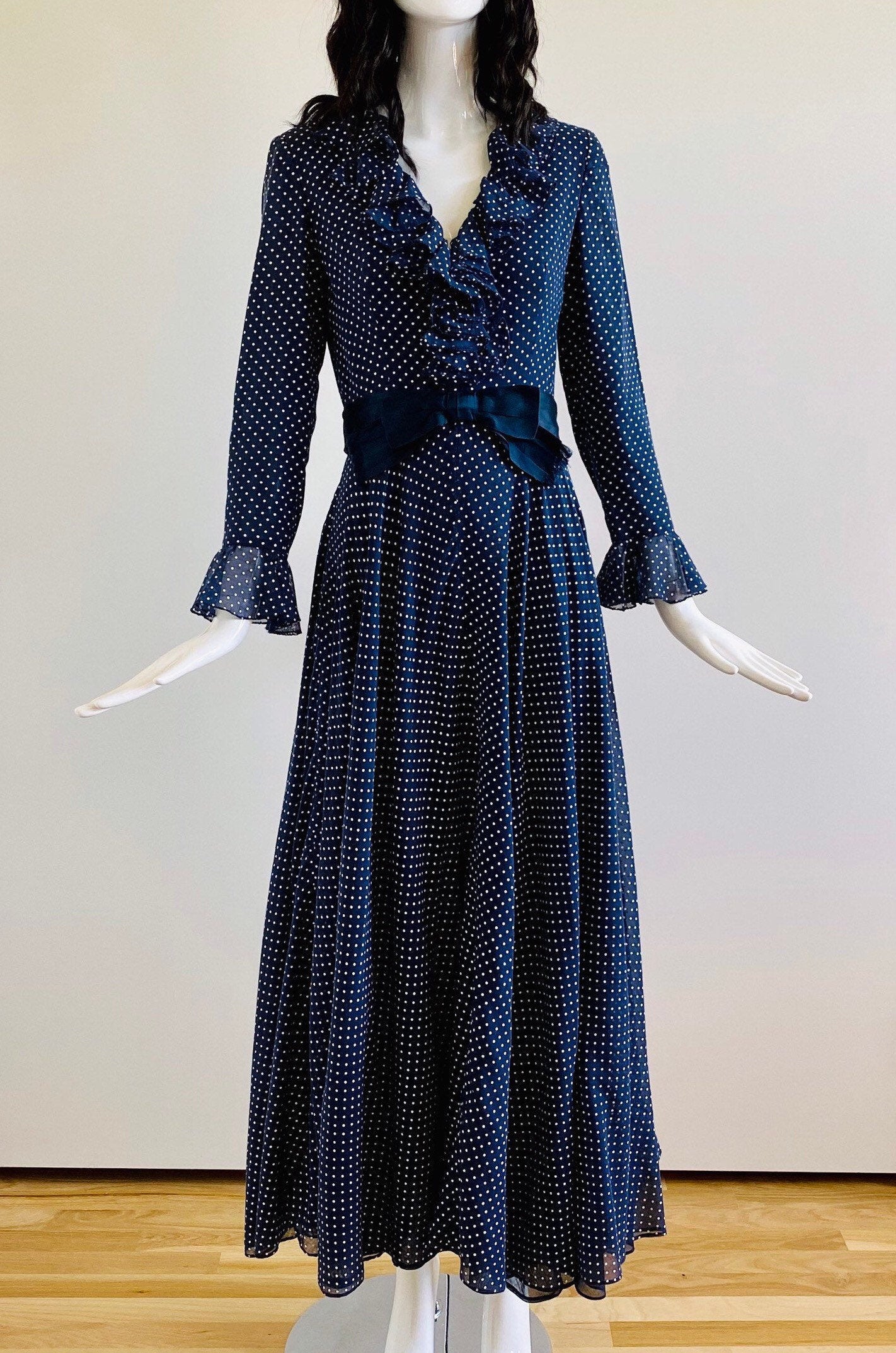 Small 50s RONA New York Blue Polka Dot Ruffled Full Circle Skirt Long Sleeves Dress