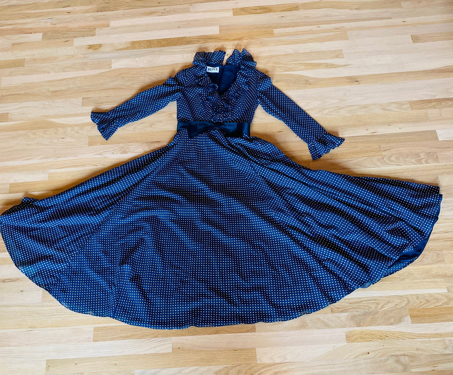 Small 50s RONA New York Blue Polka Dot Ruffled Full Circle Skirt Long Sleeves Dress