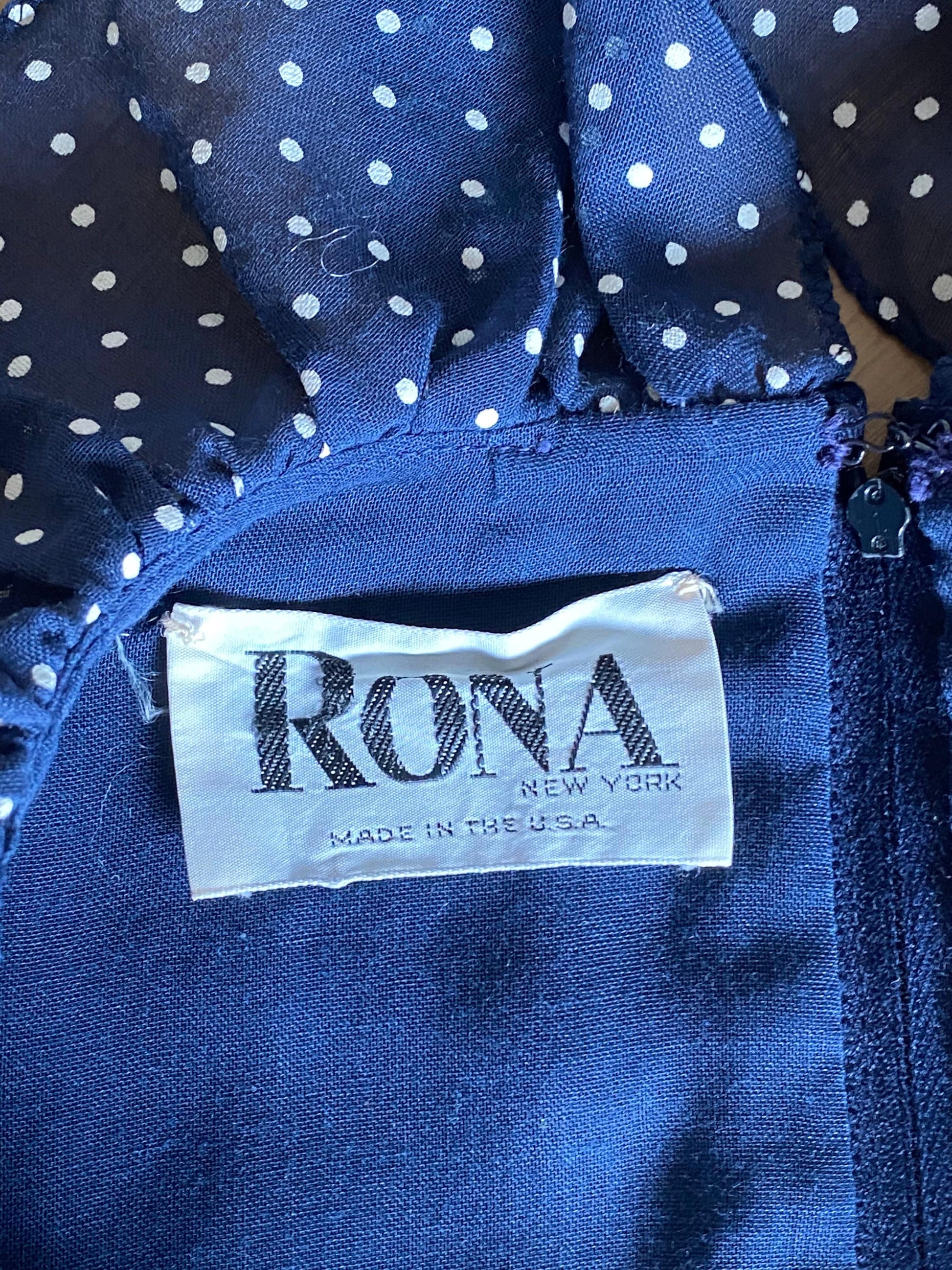 Small 50s RONA New York Blue Polka Dot Ruffled Full Circle Skirt Long Sleeves Dress