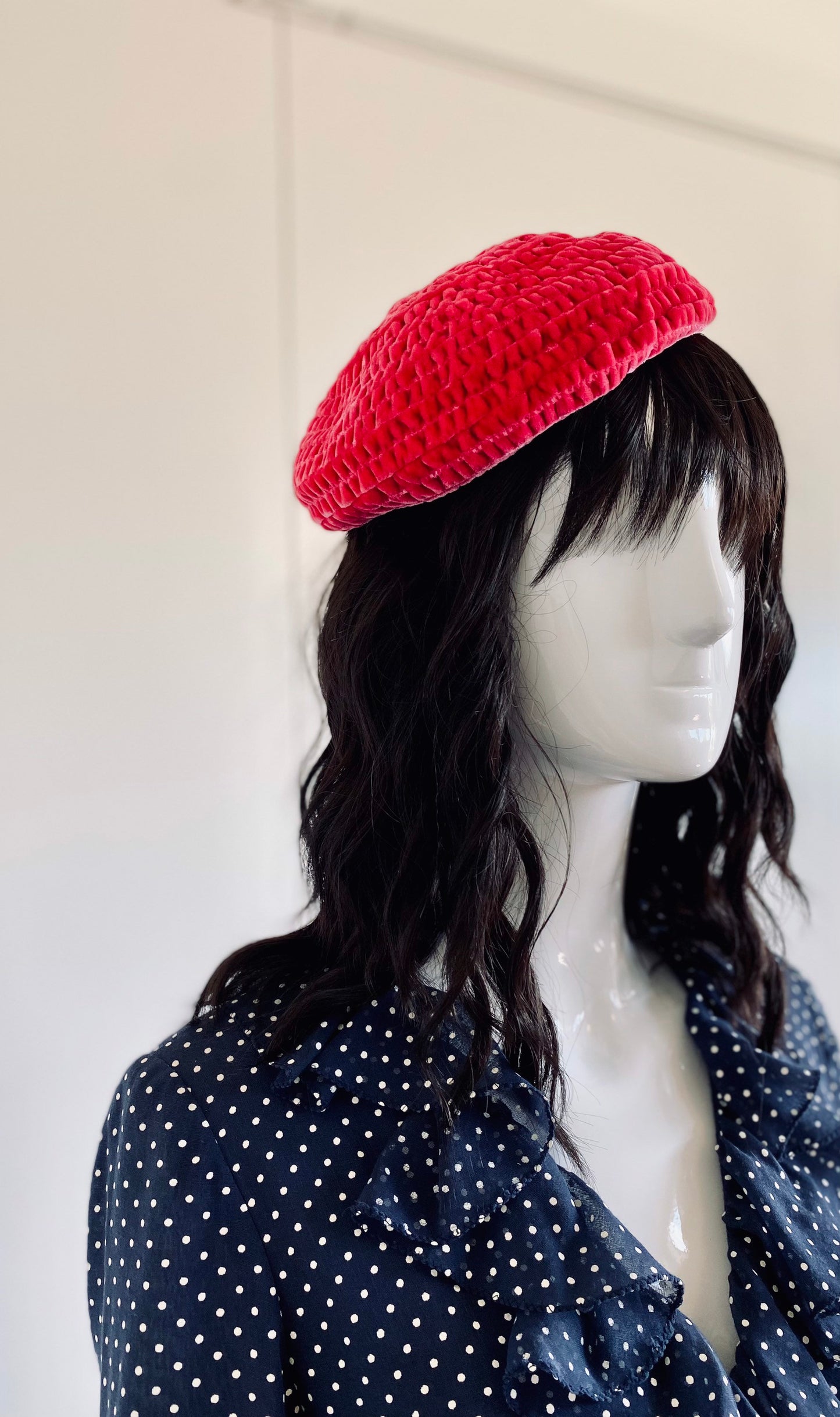 Vintage 40s Brighton California Pink Magenta Velvet Quilted Stitched Cocktail Party RARE Hat Size 22