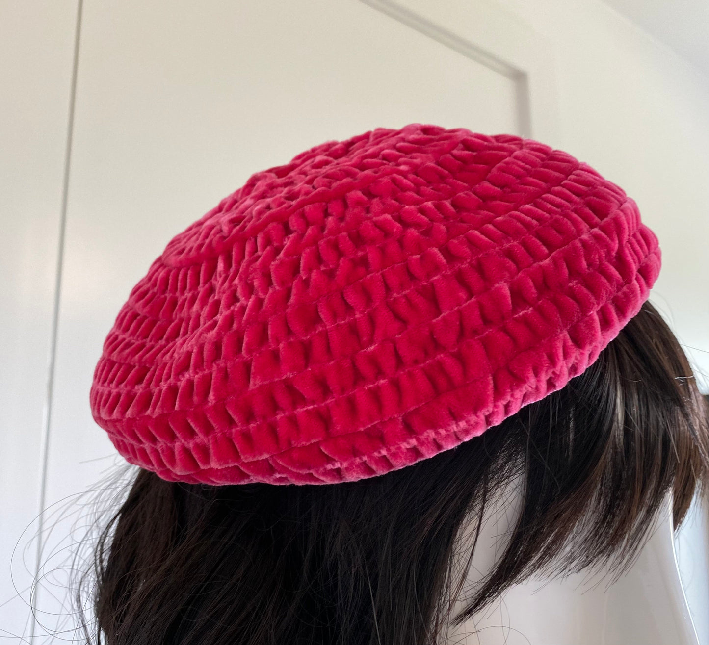 Vintage 40s Brighton California Pink Magenta Velvet Quilted Stitched Cocktail Party RARE Hat Size 22