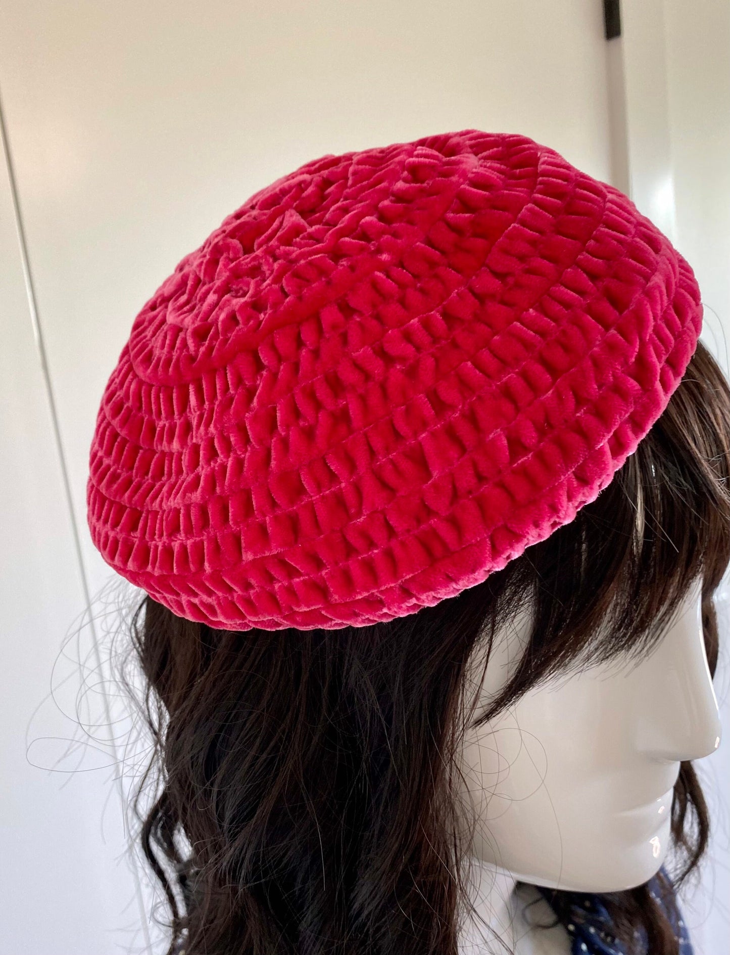 Vintage 40s Brighton California Pink Magenta Velvet Quilted Stitched Cocktail Party RARE Hat Size 22
