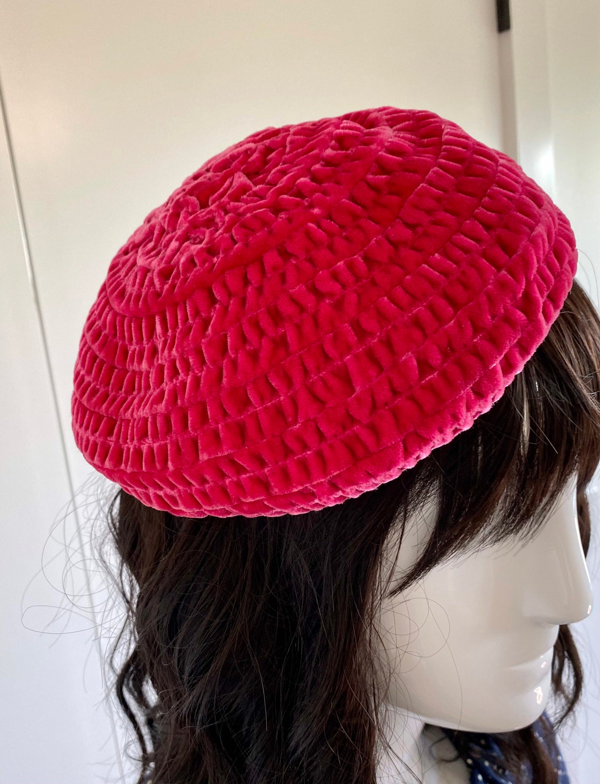 Vintage 40s Brighton California Pink Magenta Velvet Quilted Stitched Cocktail Party RARE Hat Size 22