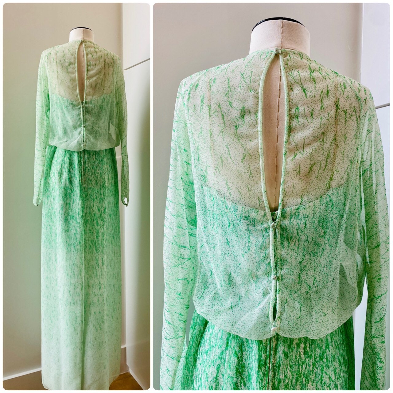 Small 70s Neiman Marcus Shannon Rogers for Jerry Silverman White and Green Maxi Dress with Chiffon Long Sleeves Overlay