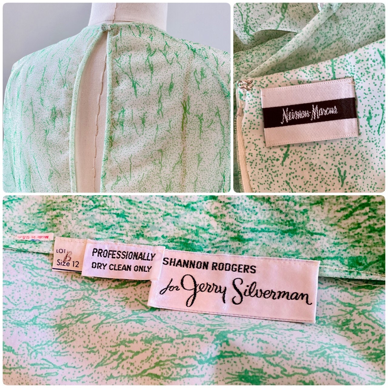 Small 70s Neiman Marcus Shannon Rogers for Jerry Silverman White and Green Maxi Dress with Chiffon Long Sleeves Overlay