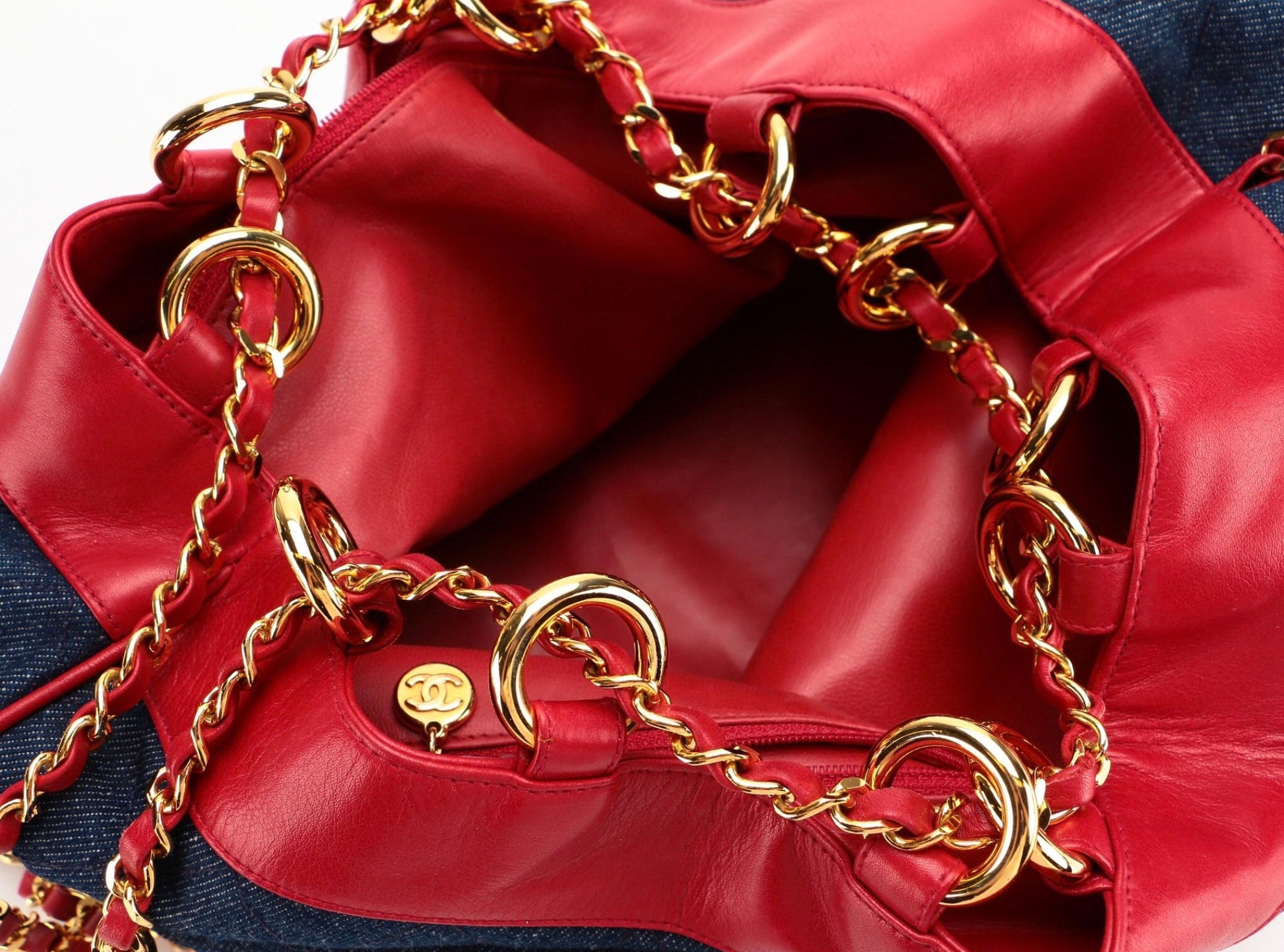 CHANEL 1989 Quilted Denim and Red Lamb Skin Leather Gold Chain Rare Bucket Bag Backpack Huge!